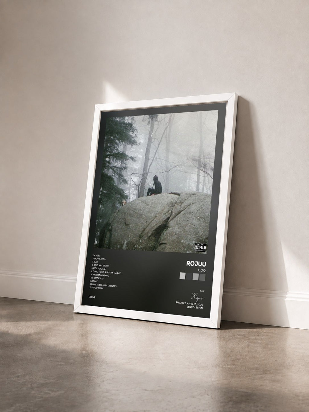 #blanc Tableau de l'album OOO de Rojuu vu de trois quarts, cadre blanc