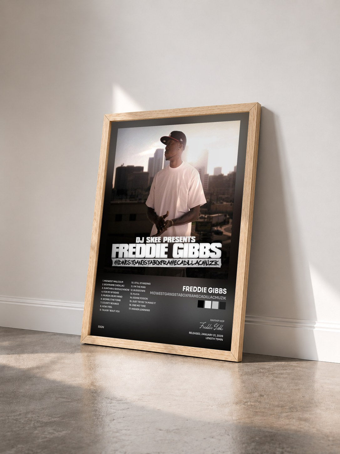 #bois Tableau de l'album Midwestgangstaboxframecadillacmuzik de Freddie Gibbs vu de trois quarts, cadre en bois brut