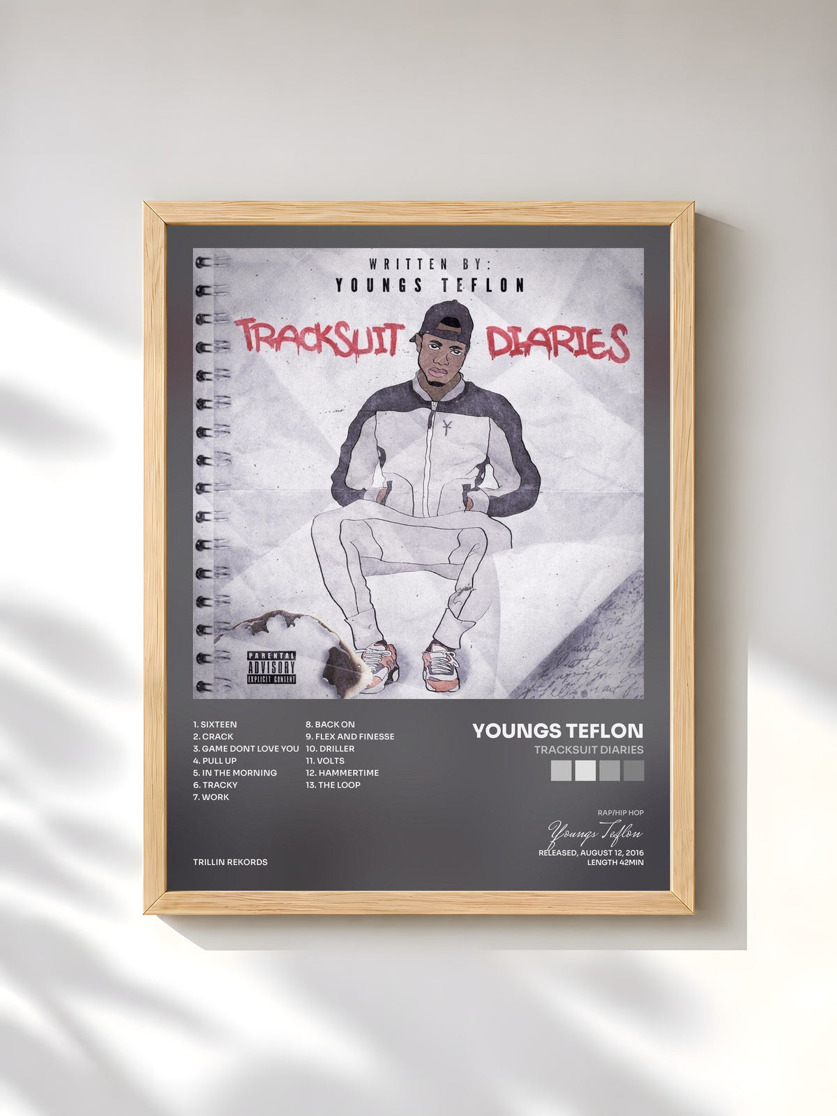 #bois Tableau de l'album Tracksuit Diaries de Youngs Teflon, cadre en bois brut, imprimé et encadré en France