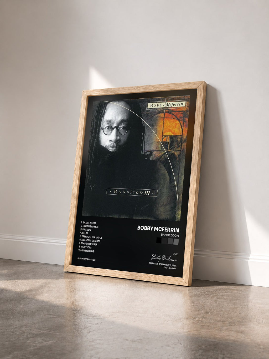 #bois Tableau de l'album Bang! Zoom de Bobby McFerrin vu de trois quarts, cadre en bois brut