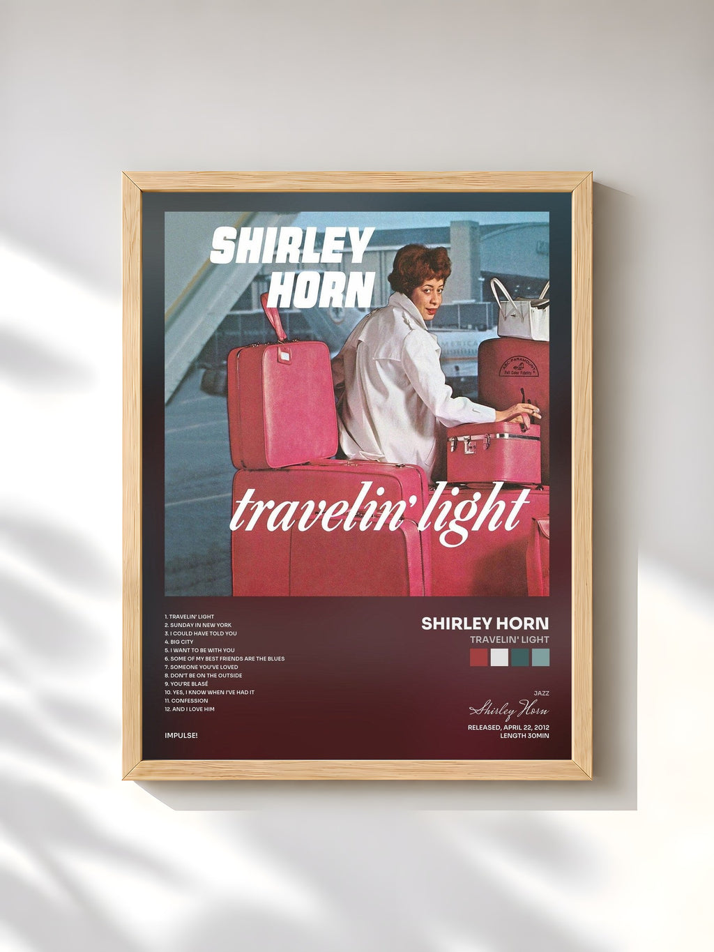 #bois Tableau de l'album Travelin' Light de Shirley Horn, cadre en bois brut, imprimé et encadré en France