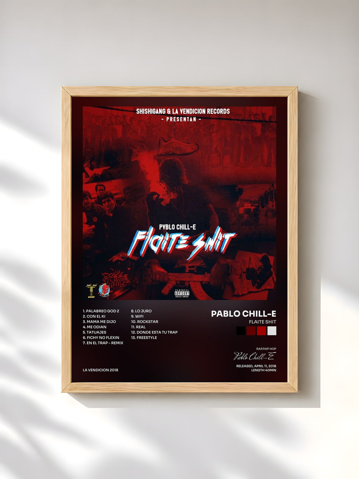 #bois Tableau de l'album Flaite Shit de Pablo Chill-E, cadre en bois brut, imprimé et encadré en France