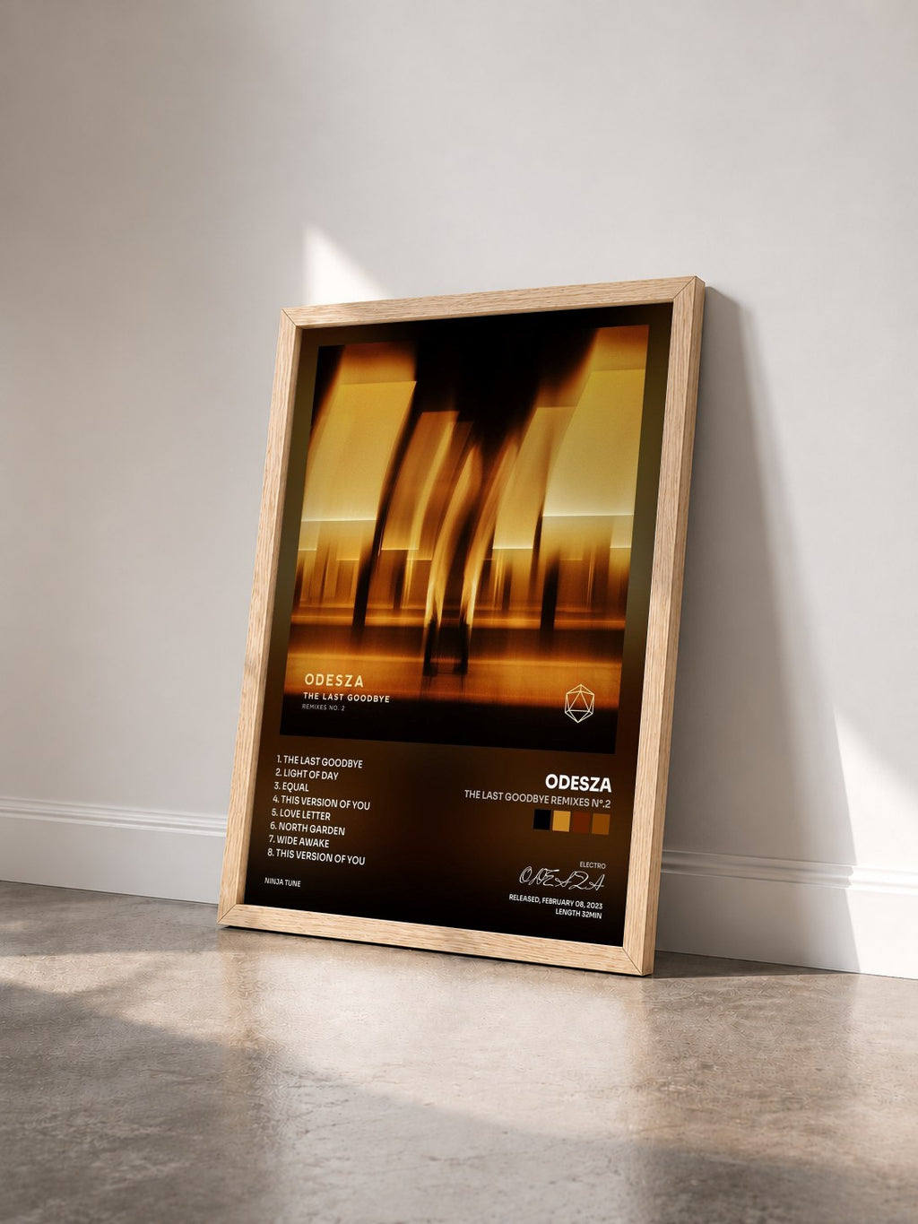#bois Tableau de l'album The Last Goodbye Remixes N°.2 de ODESZA vu de trois quarts, cadre en bois brut