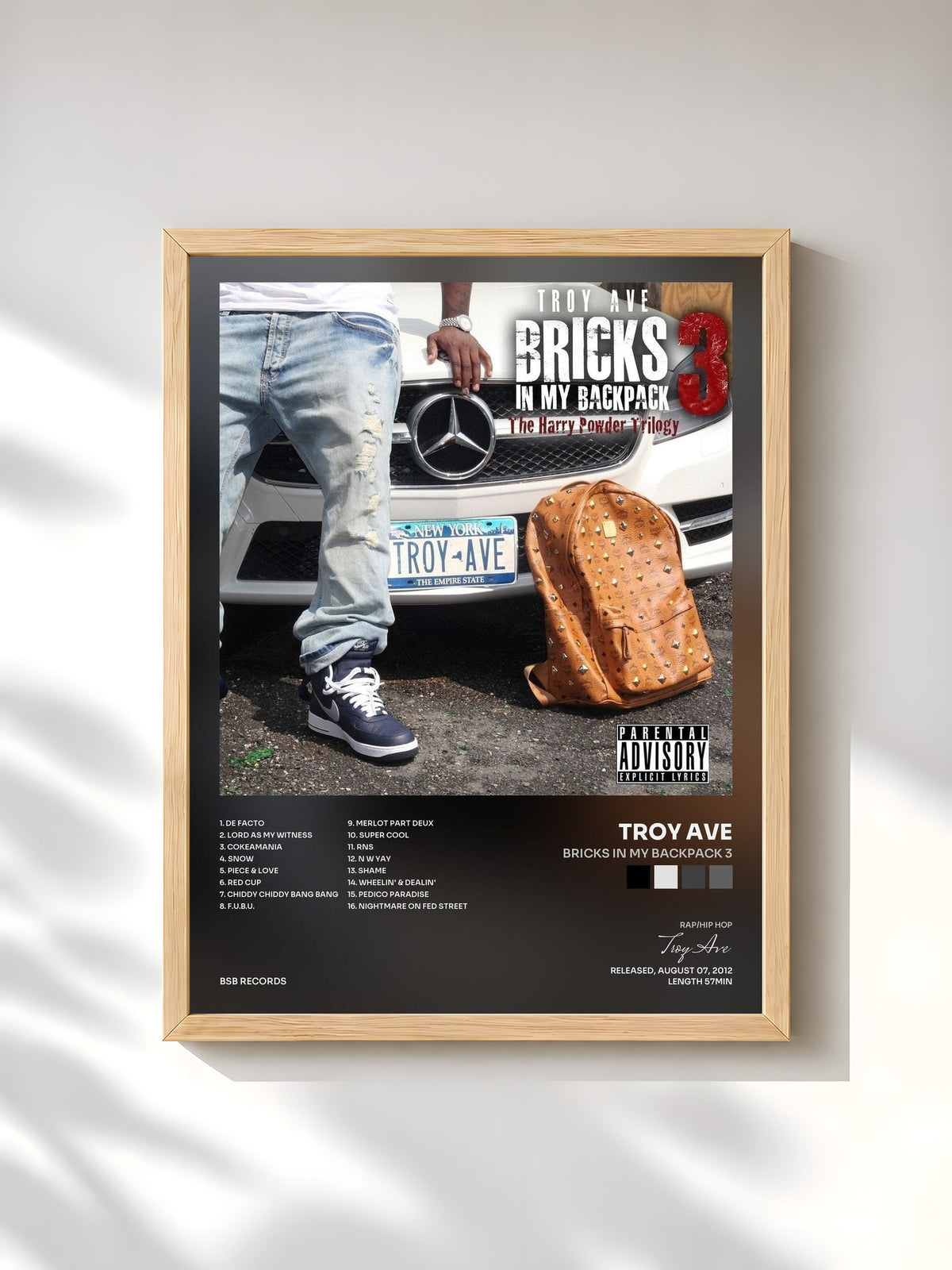 #bois Tableau de l'album Bricks In My Backpack 3 de Troy Ave, cadre en bois brut, imprimé et encadré en France