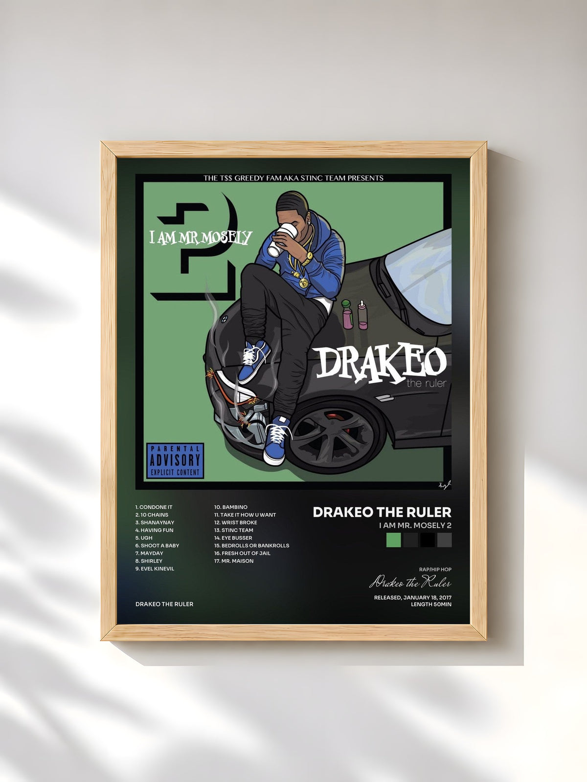 #bois Tableau de l'album I Am Mr. Mosely 2 de Drakeo the Ruler, cadre en bois brut, imprimé et encadré en France