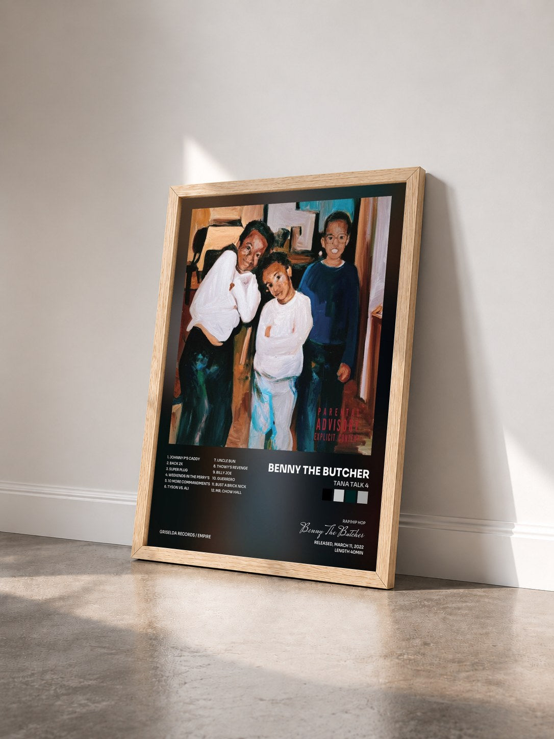 #bois Tableau de l'album Tana Talk 4 de Benny The Butcher vu de trois quarts, cadre en bois brut