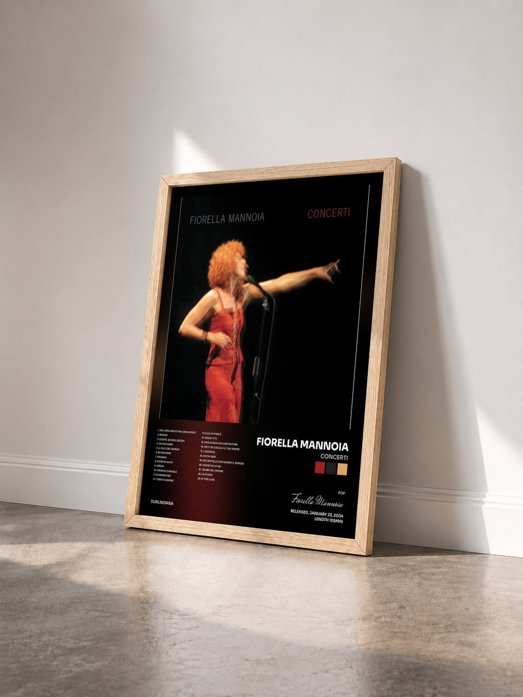 #bois Tableau de l'album Concerti de Fiorella Mannoia vu de trois quarts, cadre en bois brut