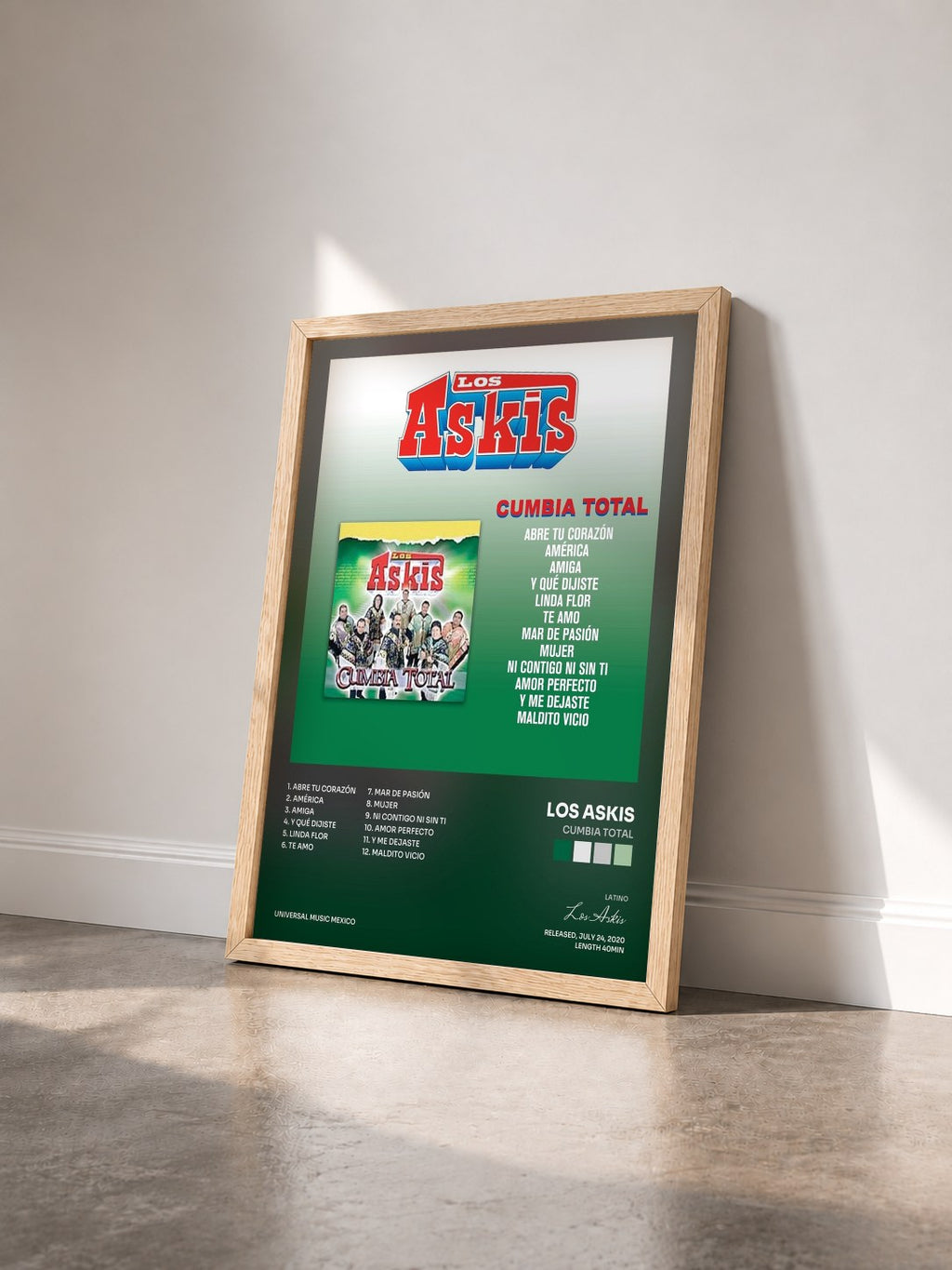 #bois Tableau de l'album Cumbia Total de Los Askis vu de trois quarts, cadre en bois brut
