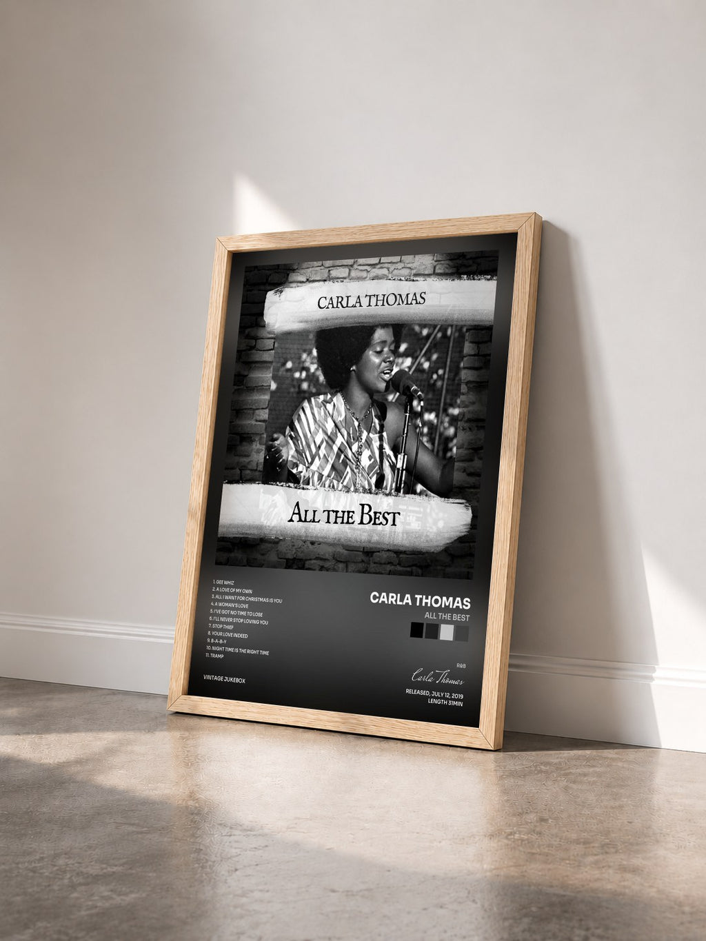 #bois Tableau de l'album All the Best de Carla Thomas vu de trois quarts, cadre en bois brut