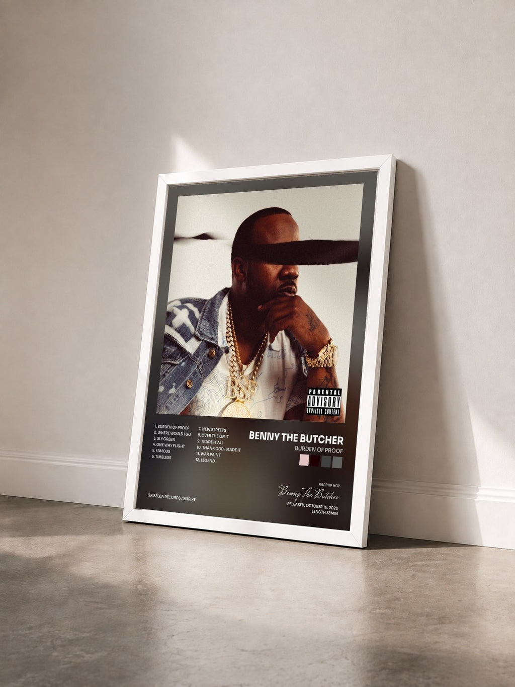 #blanc Tableau de l'album Burden of Proof de Benny The Butcher vu de trois quarts, cadre blanc