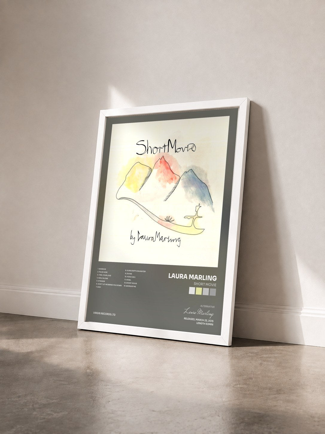 #blanc Tableau de l'album Short Movie de Laura Marling vu de trois quarts, cadre blanc