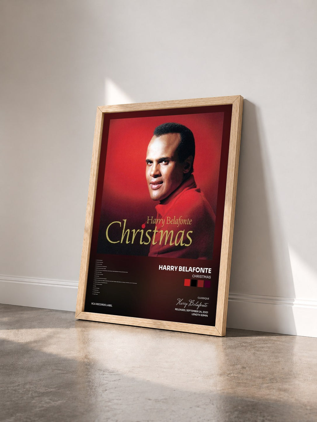 #bois Tableau de l'album Christmas de Harry Belafonte vu de trois quarts, cadre en bois brut