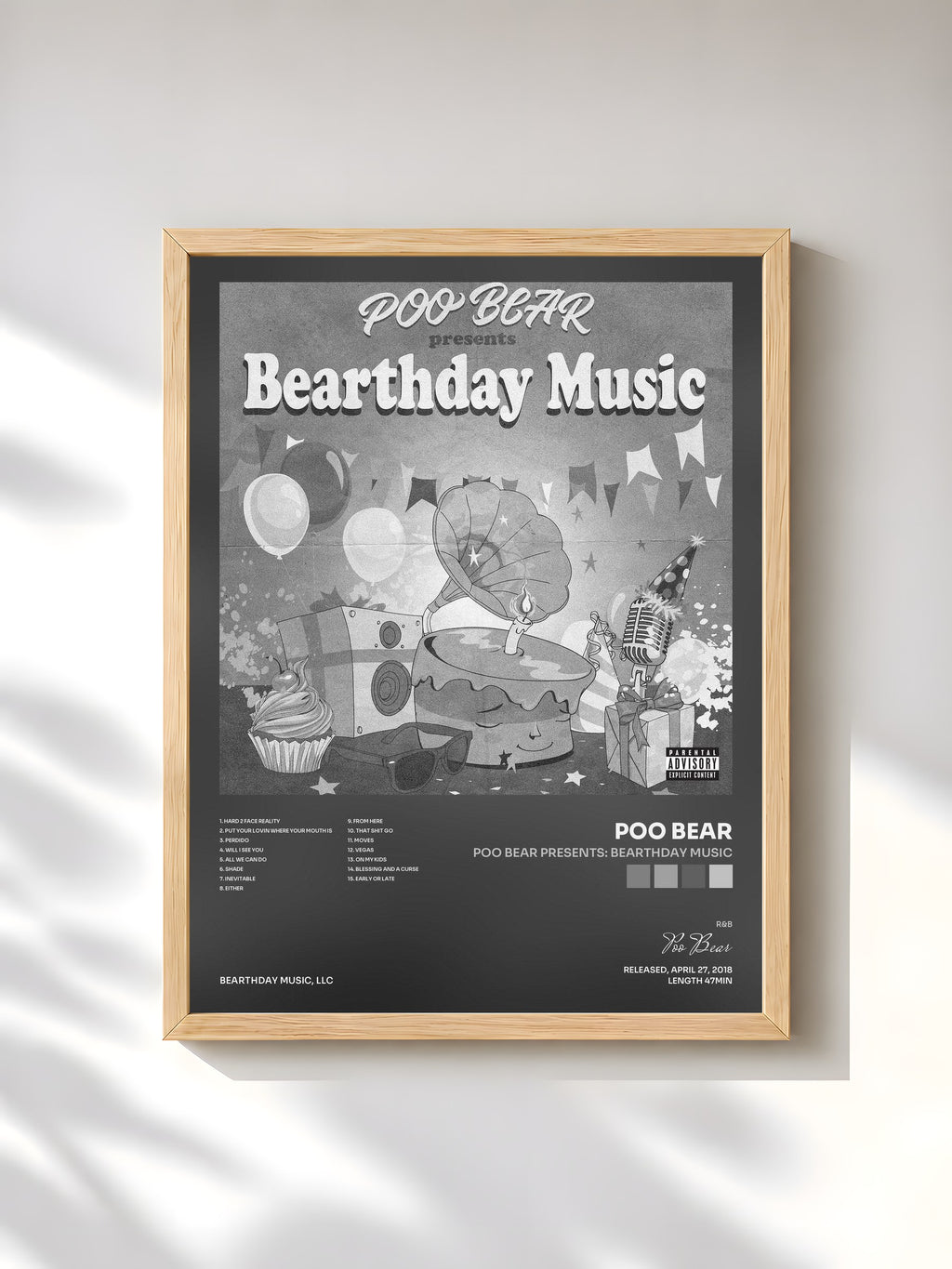 #bois Tableau de l'album Poo Bear Presents: Bearthday Music de Poo Bear, cadre en bois brut, imprimé et encadré en France