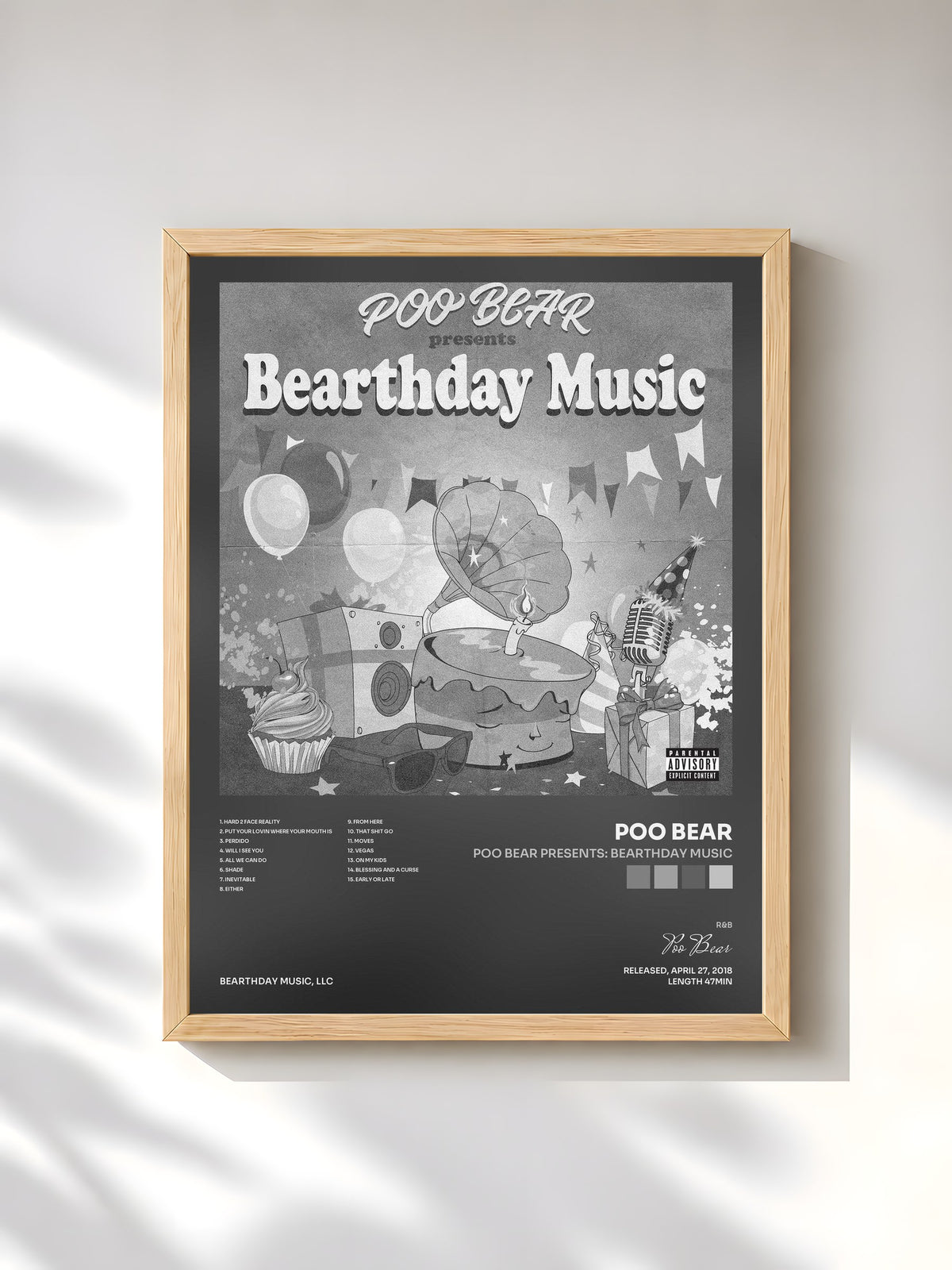 #bois Tableau de l'album Poo Bear Presents: Bearthday Music de Poo Bear, cadre en bois brut, imprimé et encadré en France