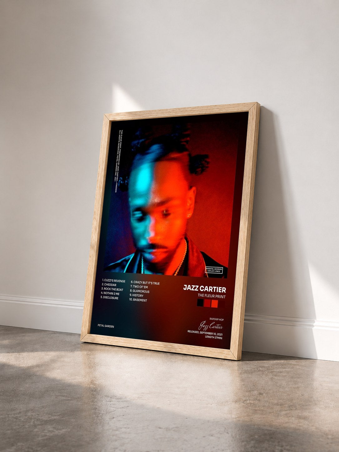 #bois Tableau de l'album The Fleur Print de Jazz Cartier vu de trois quarts, cadre en bois brut