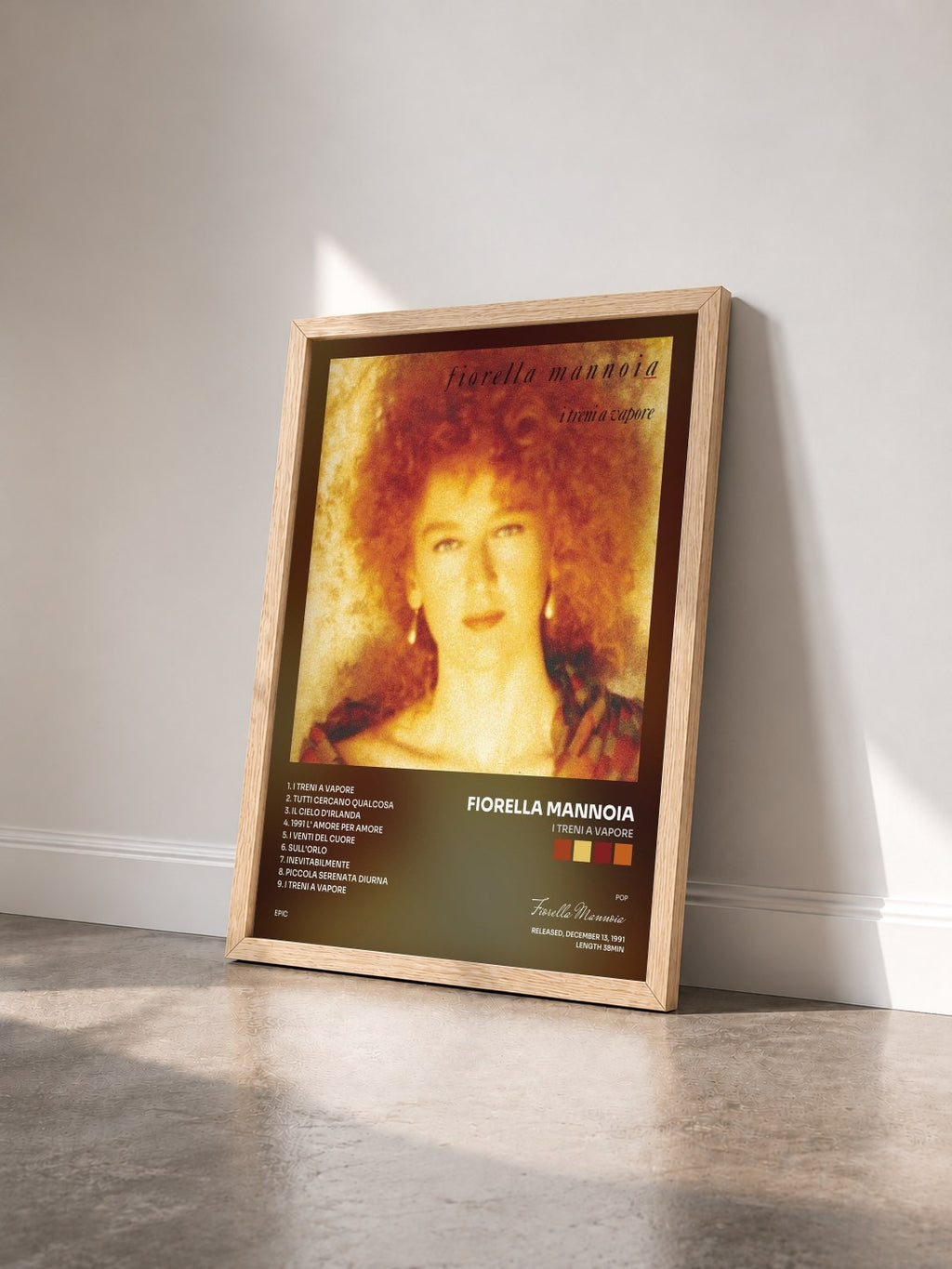 #bois Tableau de l'album I Treni A Vapore de Fiorella Mannoia vu de trois quarts, cadre en bois brut