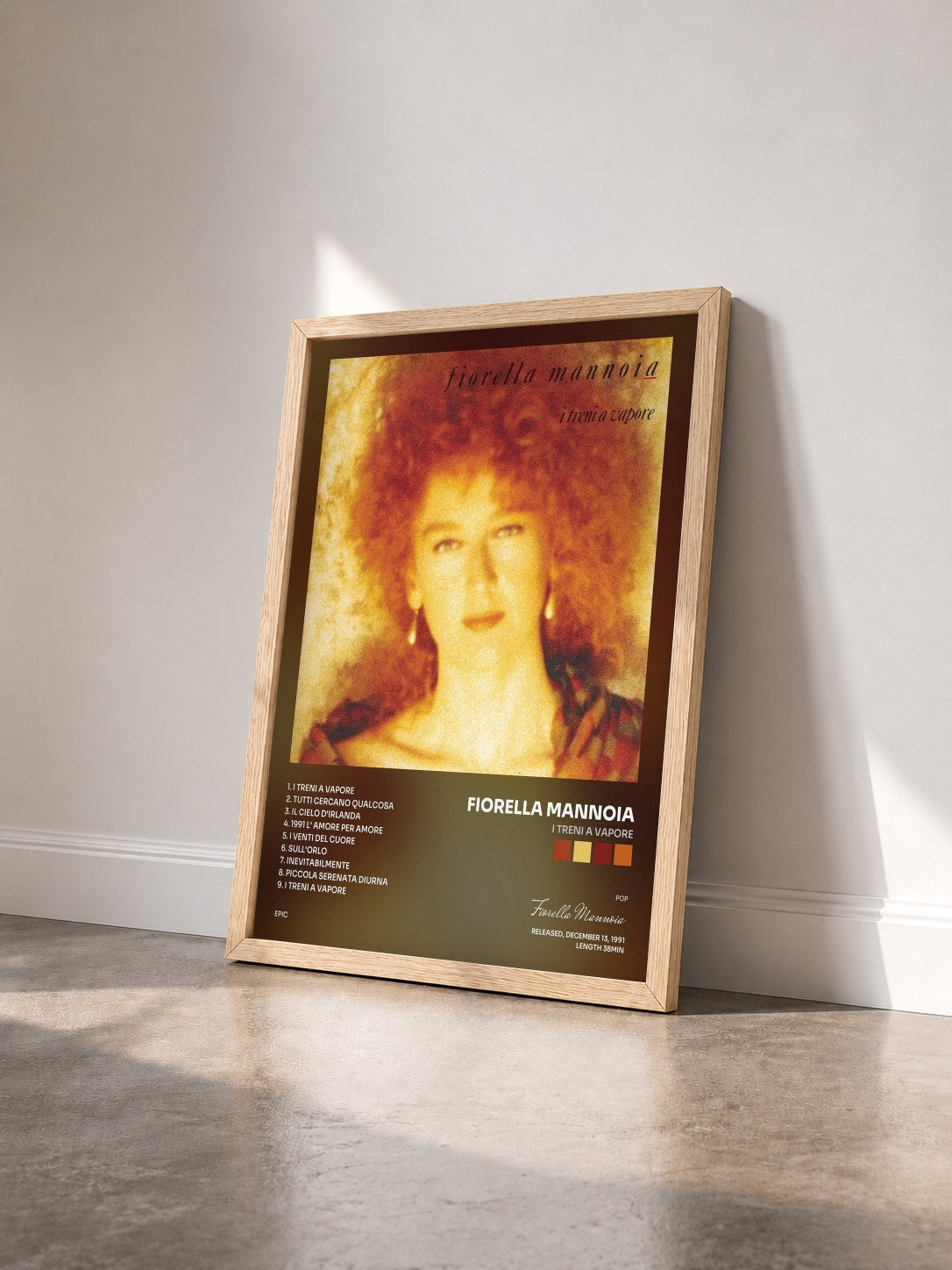 #bois Tableau de l'album I Treni A Vapore de Fiorella Mannoia vu de trois quarts, cadre en bois brut