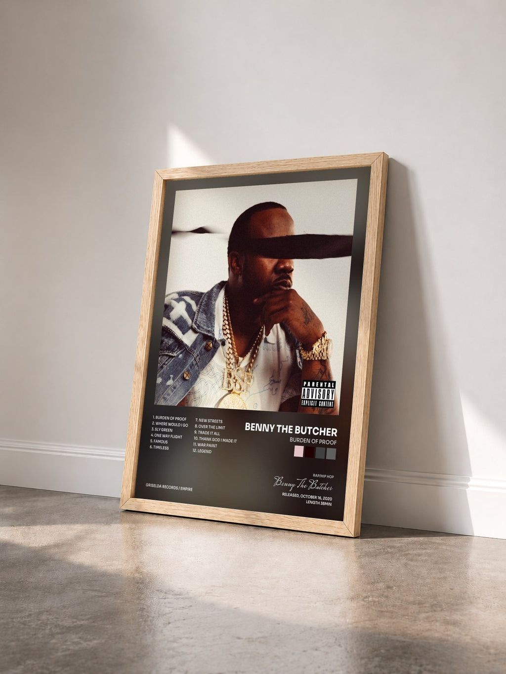#bois Tableau de l'album Burden of Proof de Benny The Butcher vu de trois quarts, cadre en bois brut