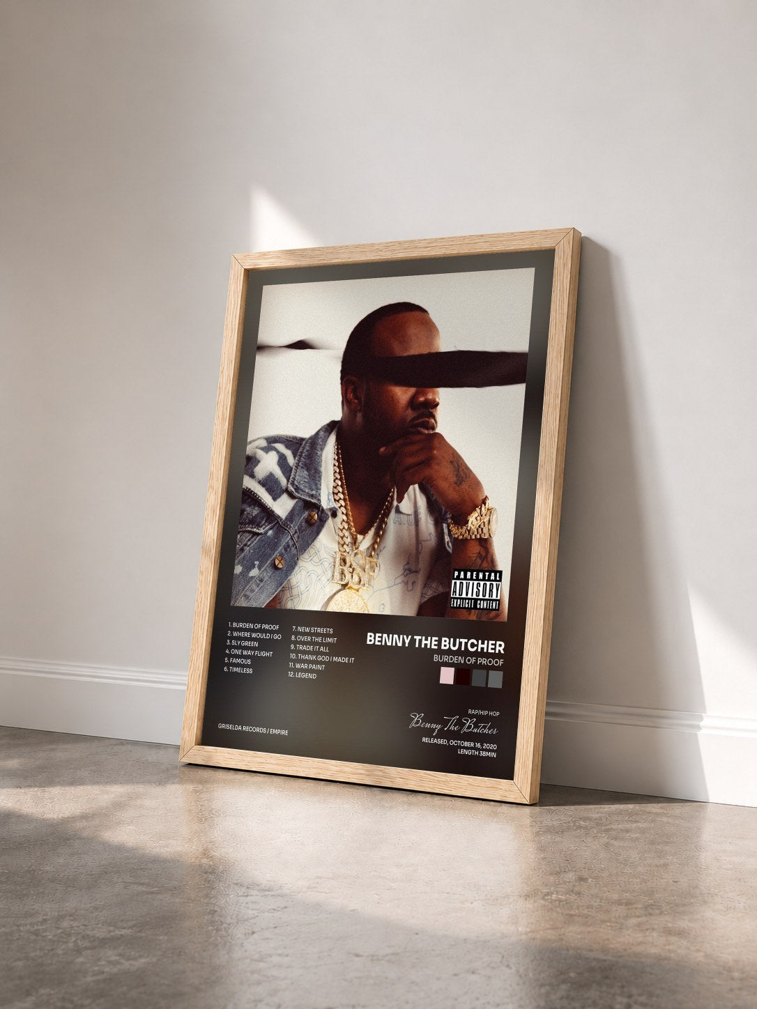 #bois Tableau de l'album Burden of Proof de Benny The Butcher vu de trois quarts, cadre en bois brut
