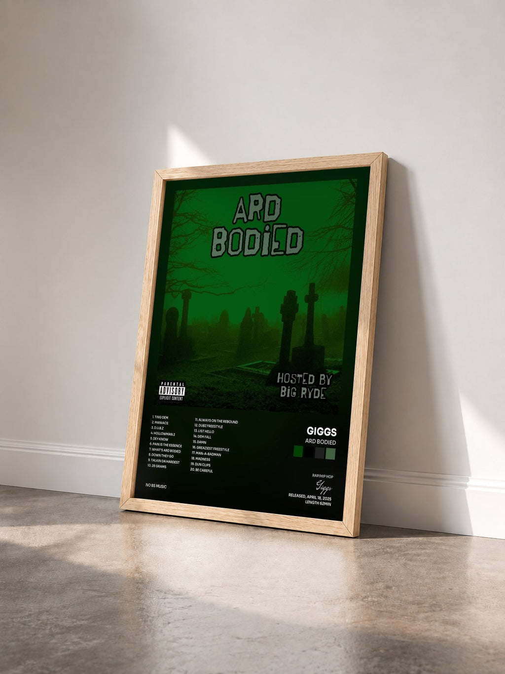 #bois Tableau de l'album Ard Bodied de Giggs vu de trois quarts, cadre en bois brut