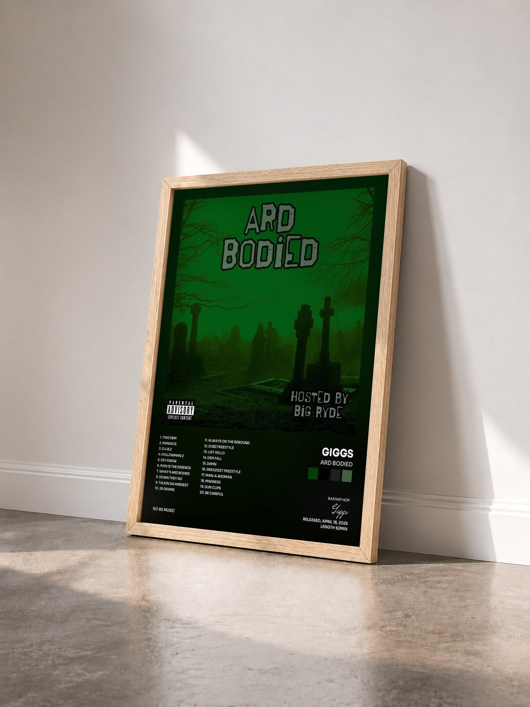 #bois Tableau de l'album Ard Bodied de Giggs vu de trois quarts, cadre en bois brut