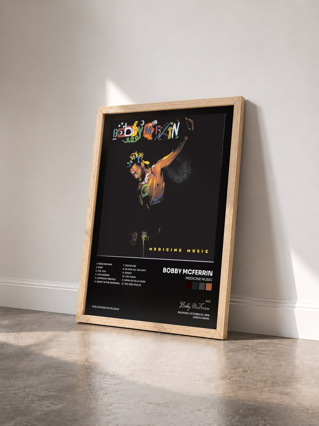 #bois Tableau de l'album Medicine Music de Bobby McFerrin vu de trois quarts, cadre en bois brut