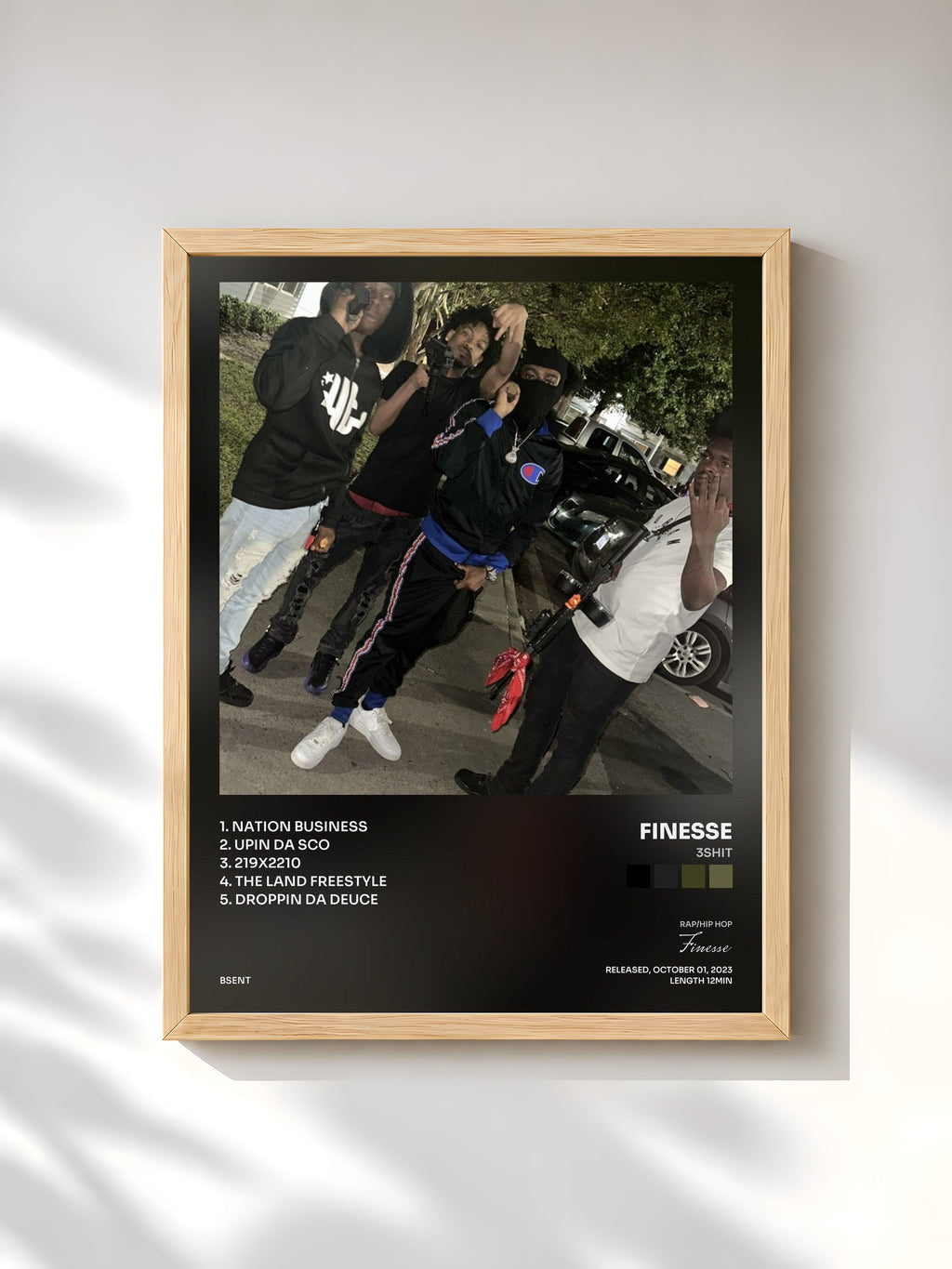 #bois Tableau de l'album 3SHIT de Finesse, cadre en bois brut, imprimé et encadré en France