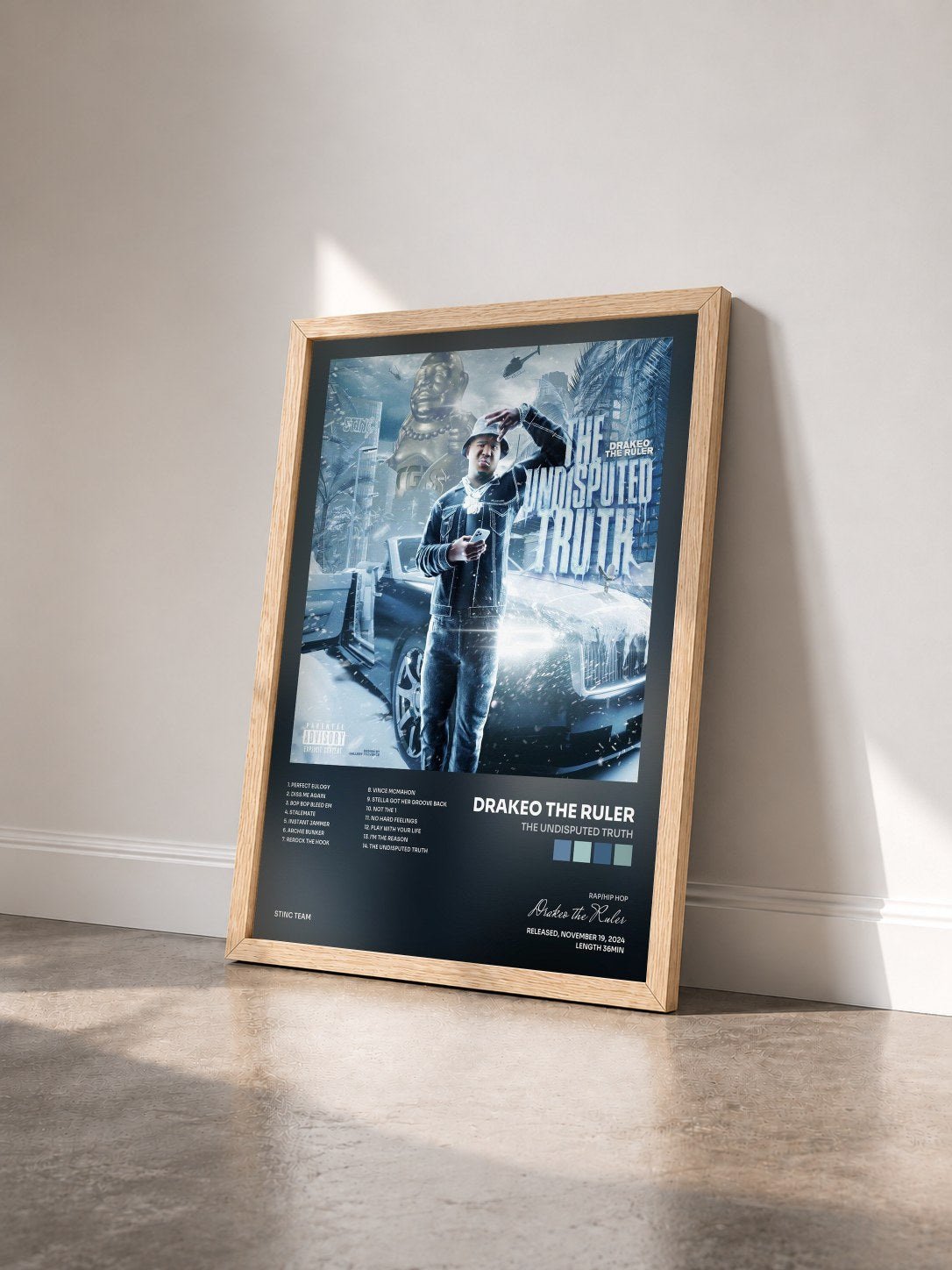 #bois Tableau de l'album THE UNDISPUTED TRUTH de Drakeo the Ruler vu de trois quarts, cadre en bois brut