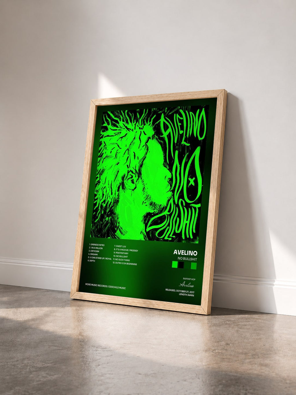 #bois Tableau de l'album NO BULLSHIT de Avelino vu de trois quarts, cadre en bois brut