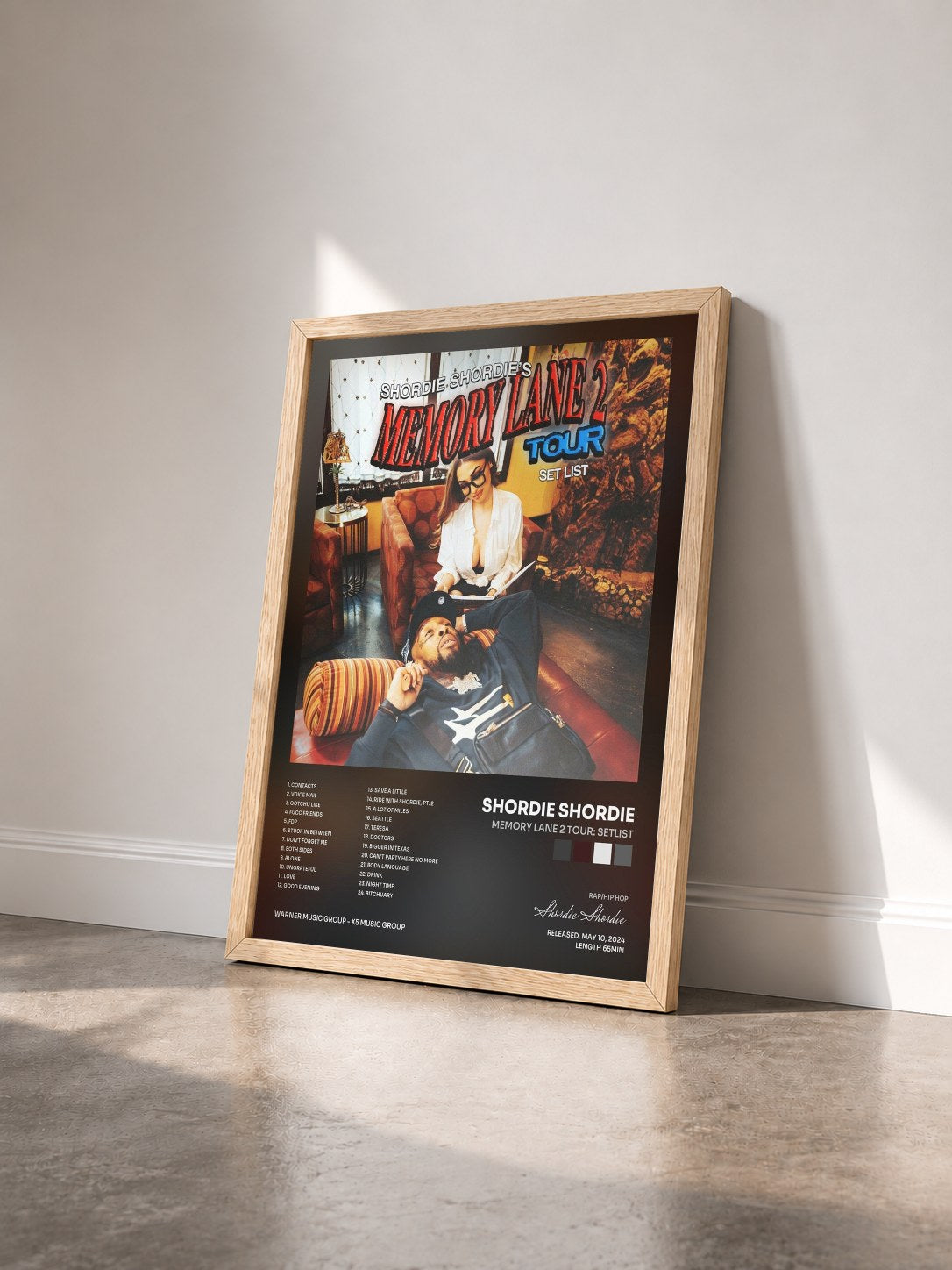 #bois Tableau de l'album Memory Lane 2 Tour: Setlist de Shordie Shordie vu de trois quarts, cadre en bois brut