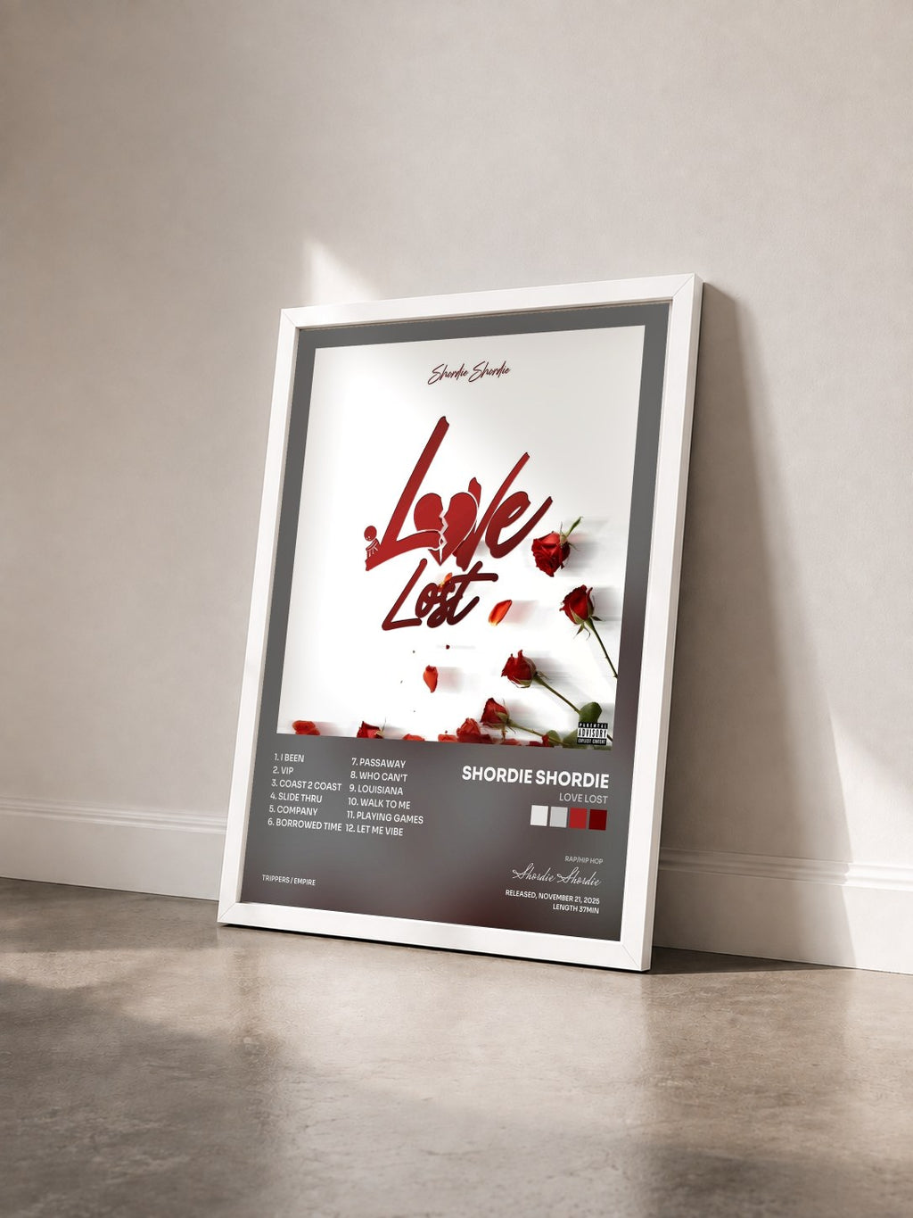 #blanc Tableau de l'album Love Lost de Shordie Shordie vu de trois quarts, cadre blanc