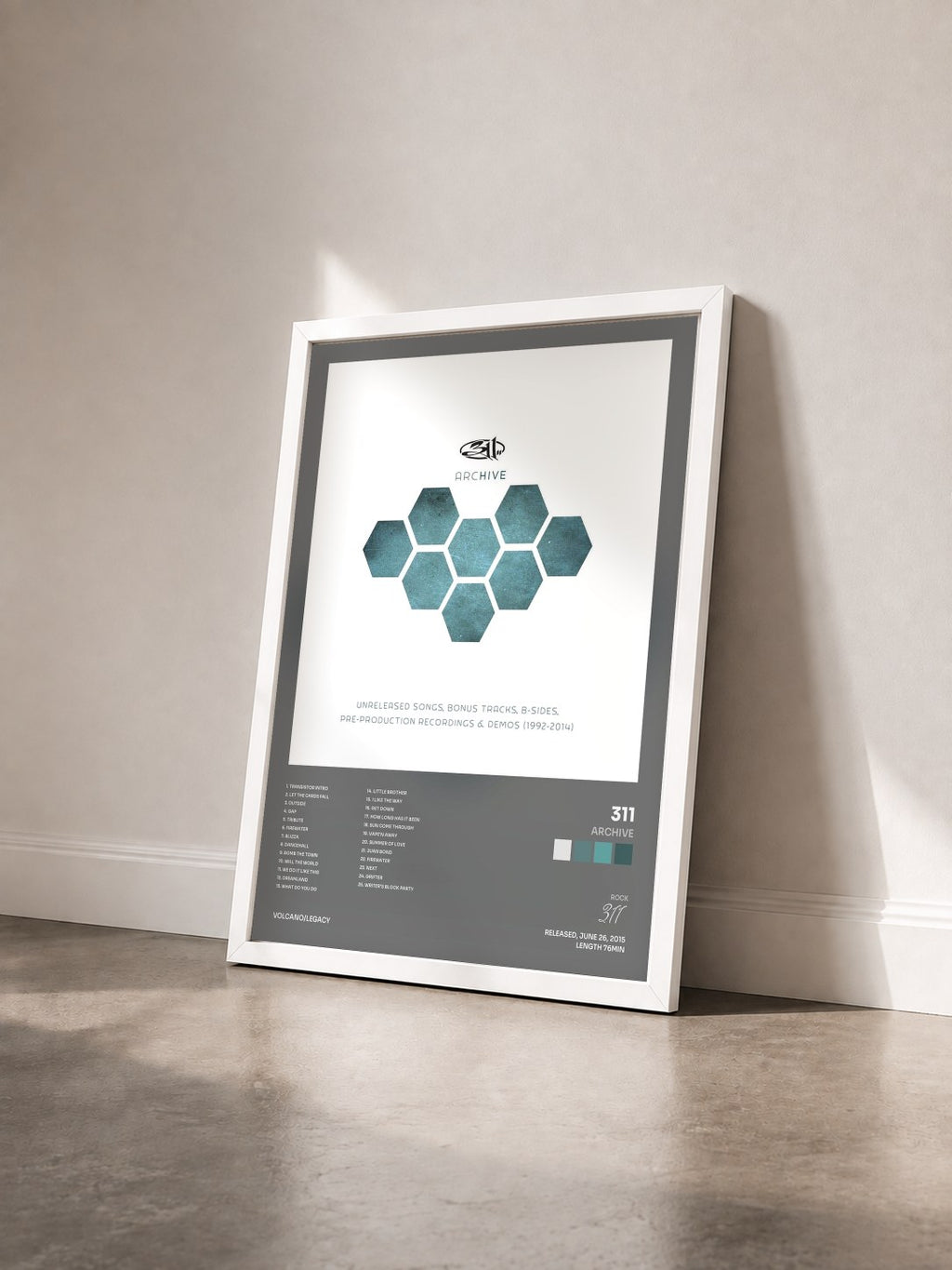 #blanc Tableau de l'album ARCHIVE de 311 vu de trois quarts, cadre blanc
