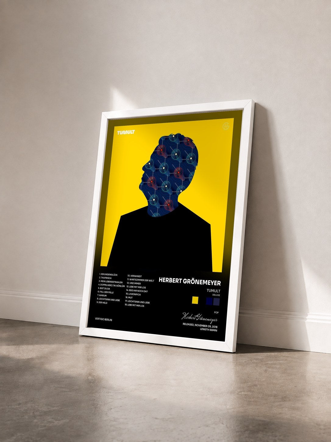 #blanc Tableau de l'album TUMULT (Deluxe) de Herbert Grönemeyer vu de trois quarts, cadre blanc
