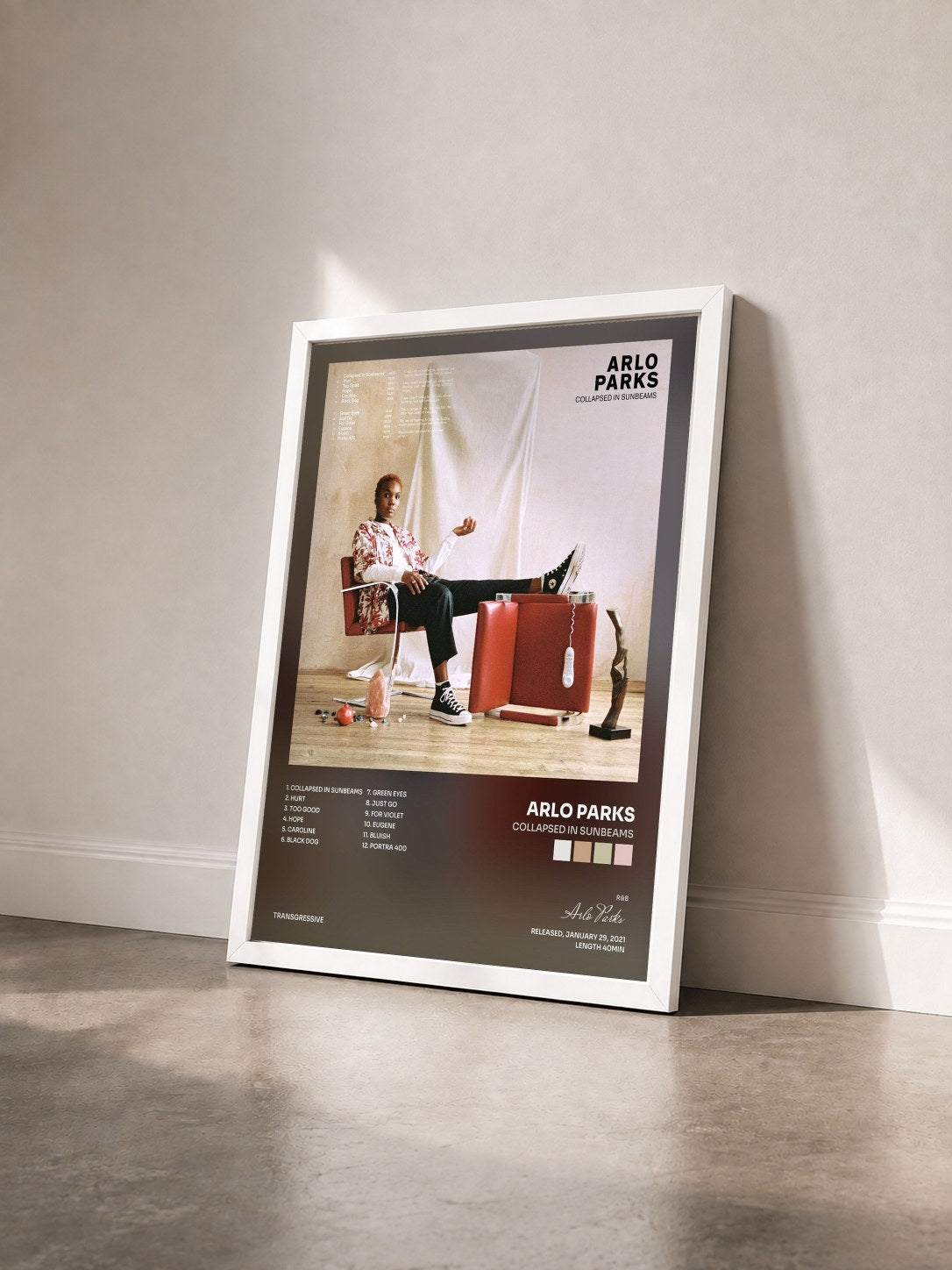 #blanc Tableau de l'album Collapsed In Sunbeams de Arlo Parks vu de trois quarts, cadre blanc