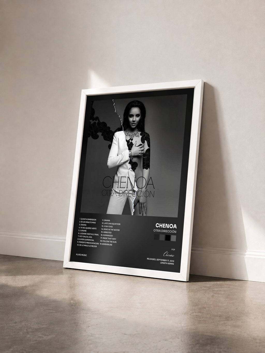 #blanc Tableau de l'album Otra Dirección de Chenoa vu de trois quarts, cadre blanc