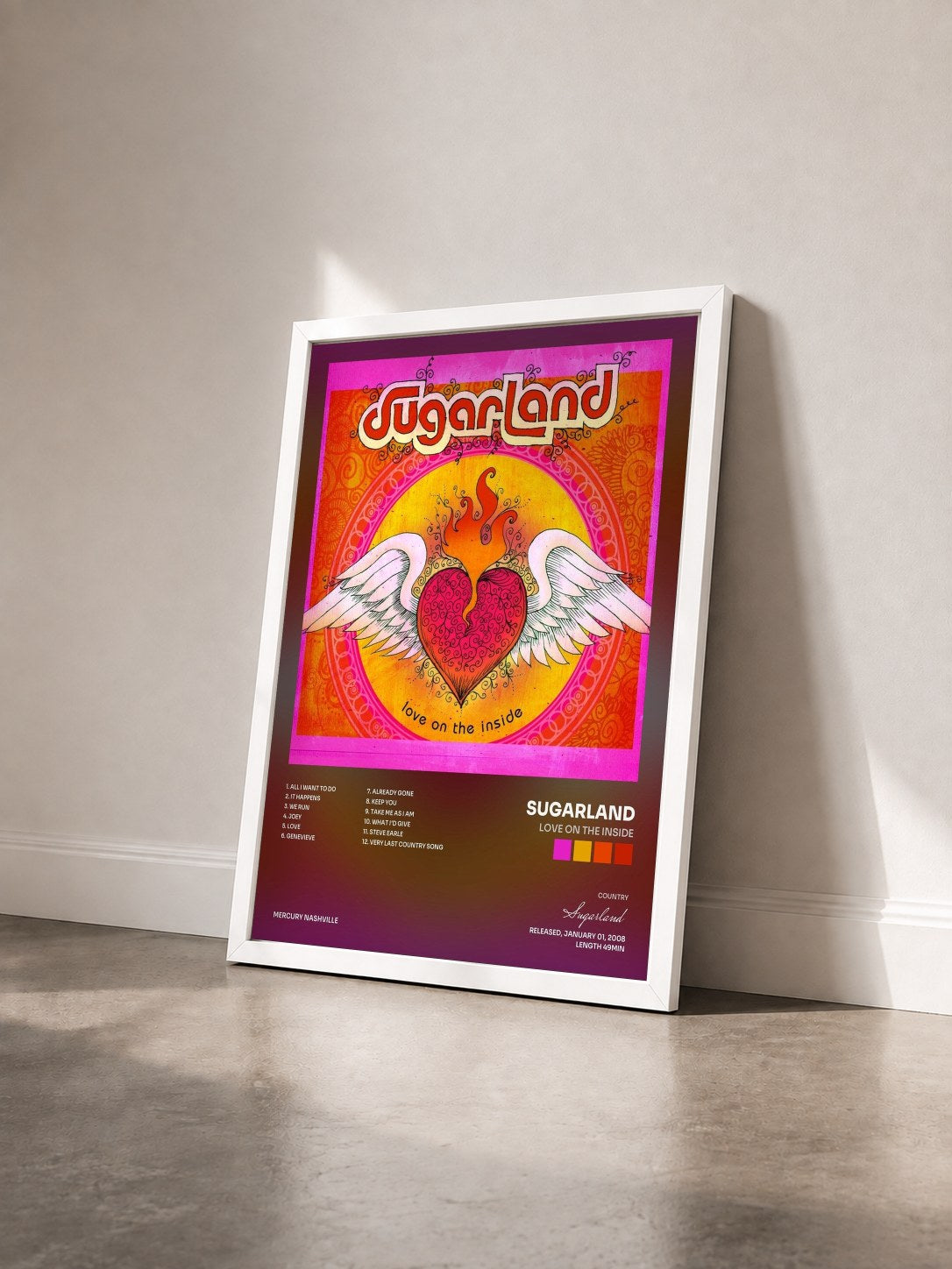 #blanc Tableau de l'album Love On The Inside de Sugarland vu de trois quarts, cadre blanc