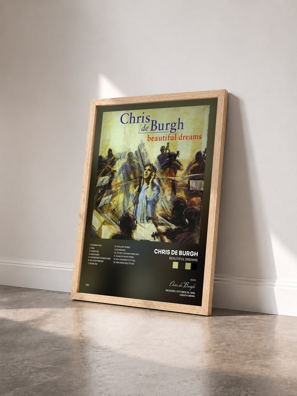 #bois Tableau de l'album Beautiful Dreams de Chris de Burgh vu de trois quarts, cadre en bois brut