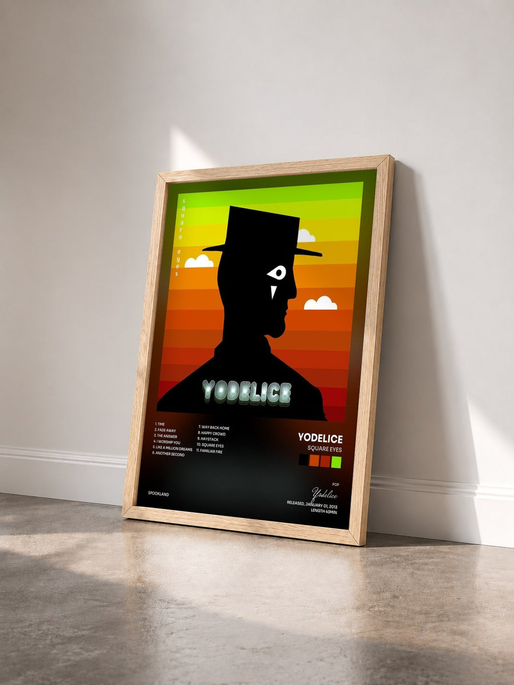 #bois Tableau de l'album Square Eyes de Yodelice vu de trois quarts, cadre en bois brut