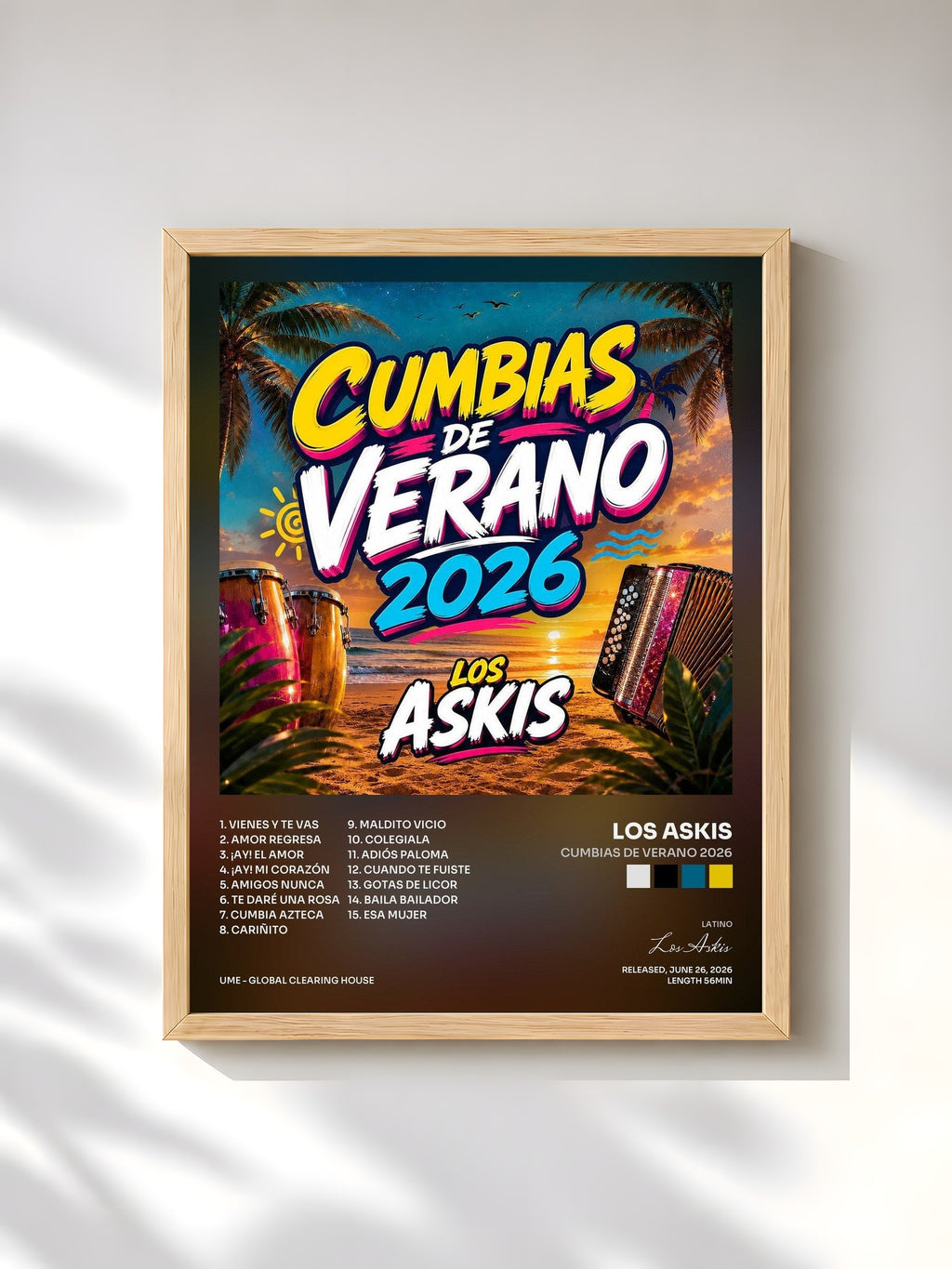 #bois Tableau de l'album CUMBIAS DE VERANO 2026 de Los Askis, cadre en bois brut, imprimé et encadré en France