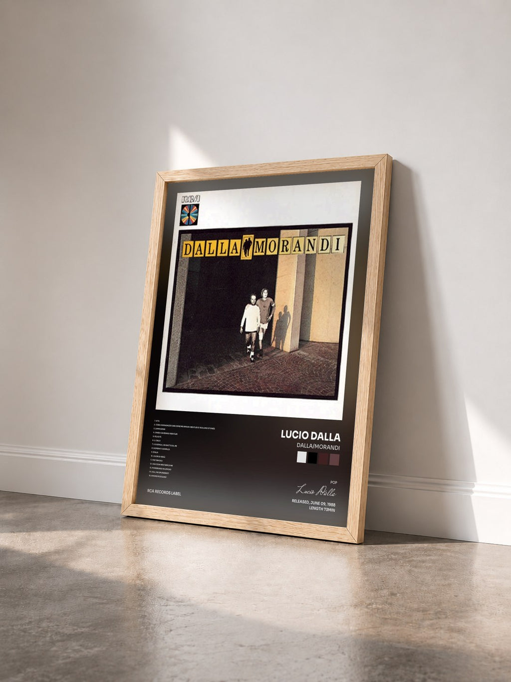 #bois Tableau de l'album Dalla/Morandi de Lucio Dalla vu de trois quarts, cadre en bois brut