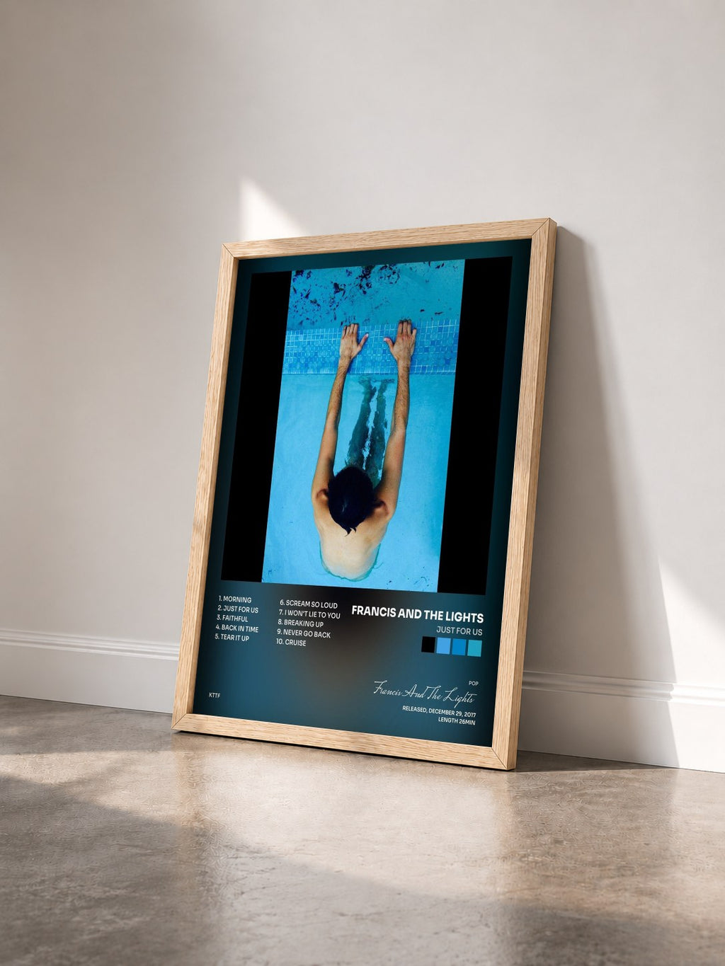 #bois Tableau de l'album Just for Us de Francis And The Lights vu de trois quarts, cadre en bois brut