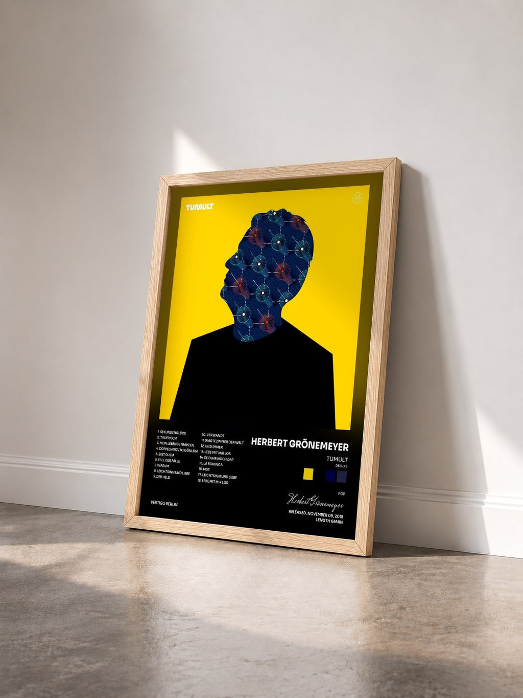 #bois Tableau de l'album TUMULT (Deluxe) de Herbert Grönemeyer vu de trois quarts, cadre en bois brut