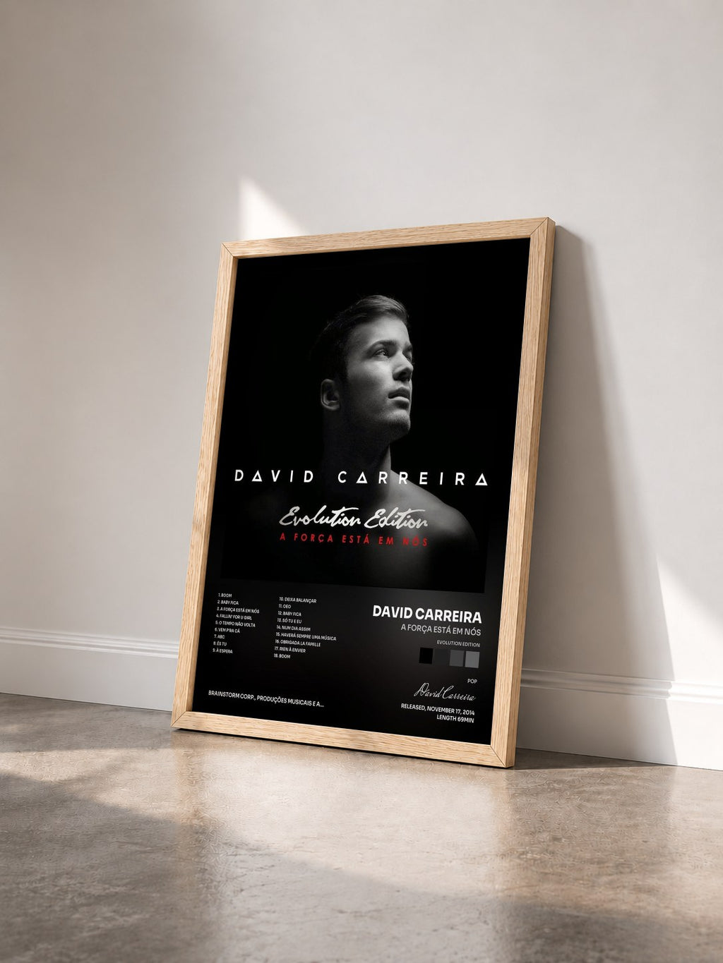 #bois Tableau de l'album A Força Está Em Nós (Evolution Edition) de David Carreira vu de trois quarts, cadre en bois brut