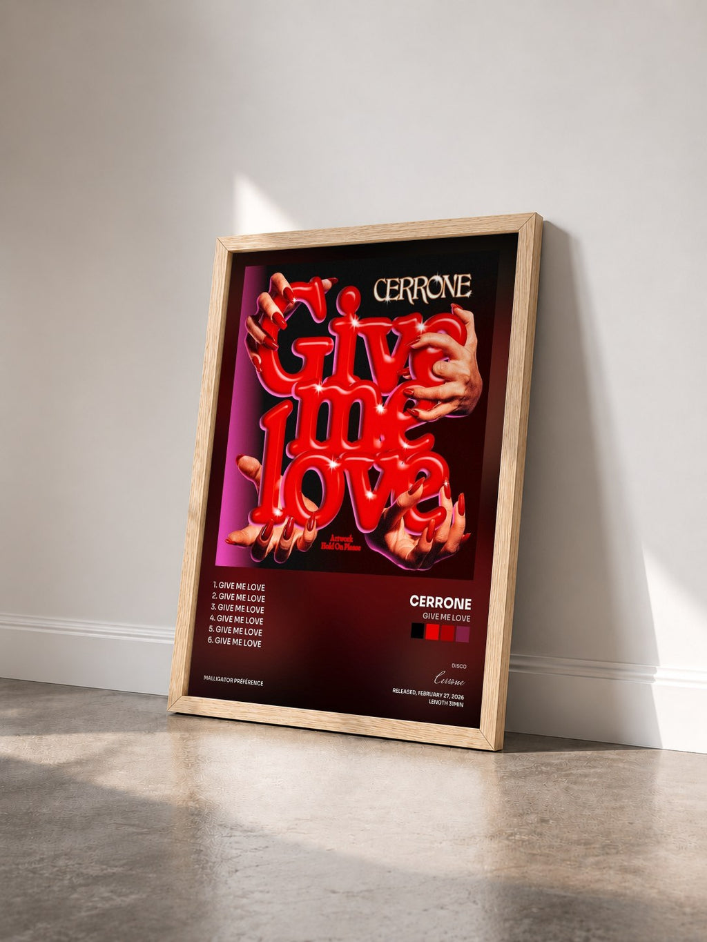 #bois Tableau de l'album Give Me Love de Cerrone vu de trois quarts, cadre en bois brut