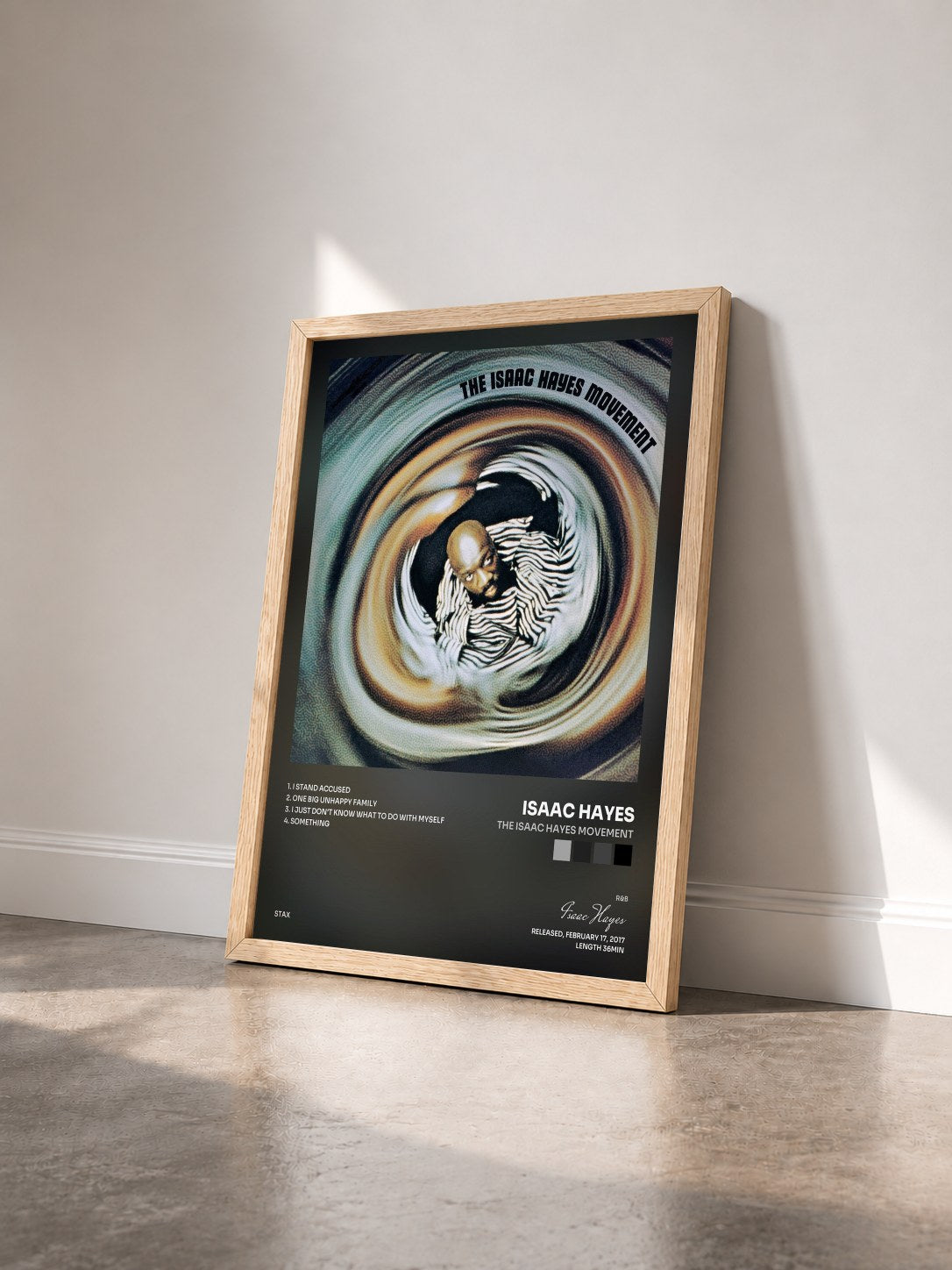 #bois Tableau de l'album The Isaac Hayes Movement de Isaac Hayes vu de trois quarts, cadre en bois brut