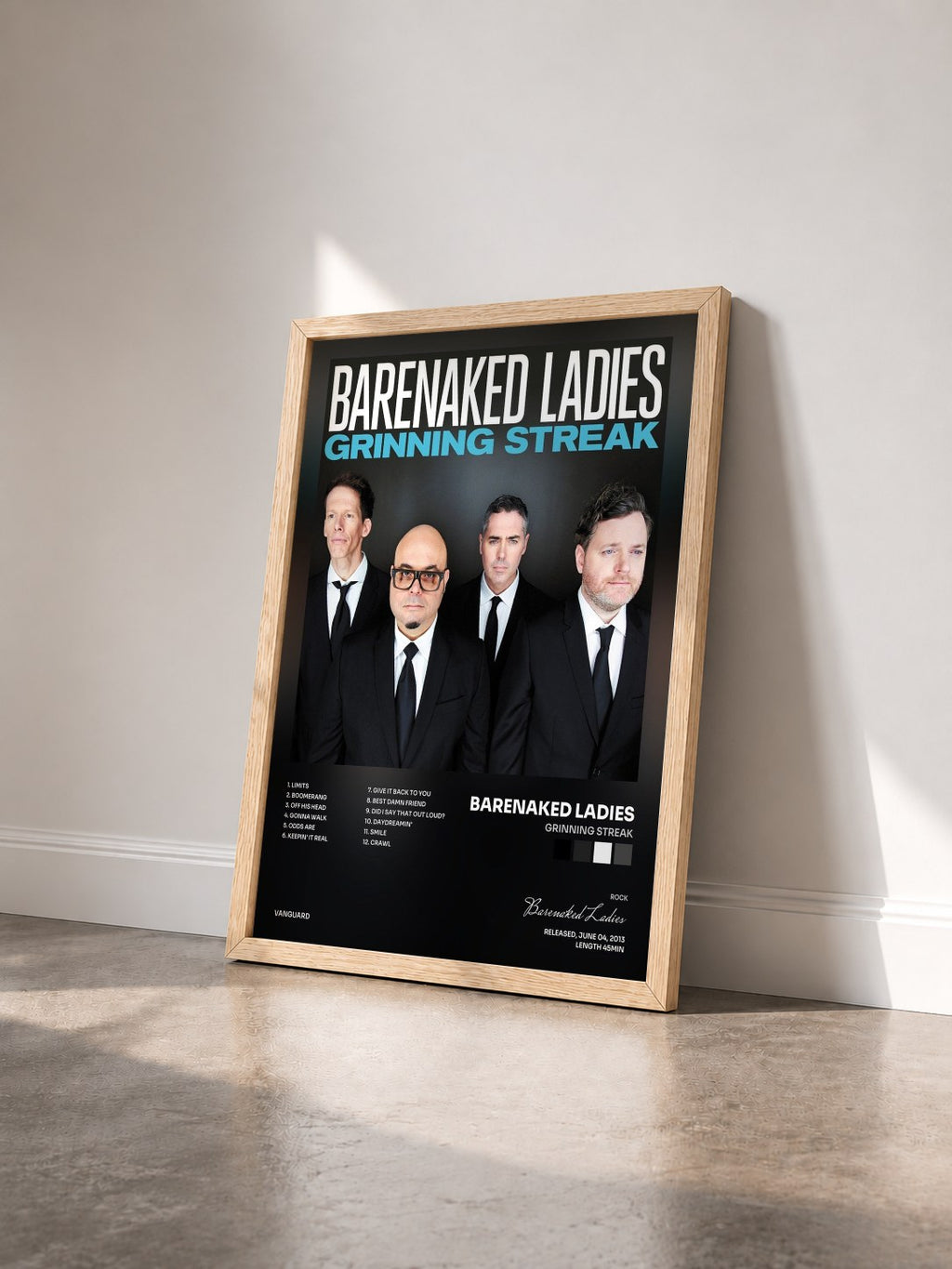 #bois Tableau de l'album Grinning Streak de Barenaked Ladies vu de trois quarts, cadre en bois brut