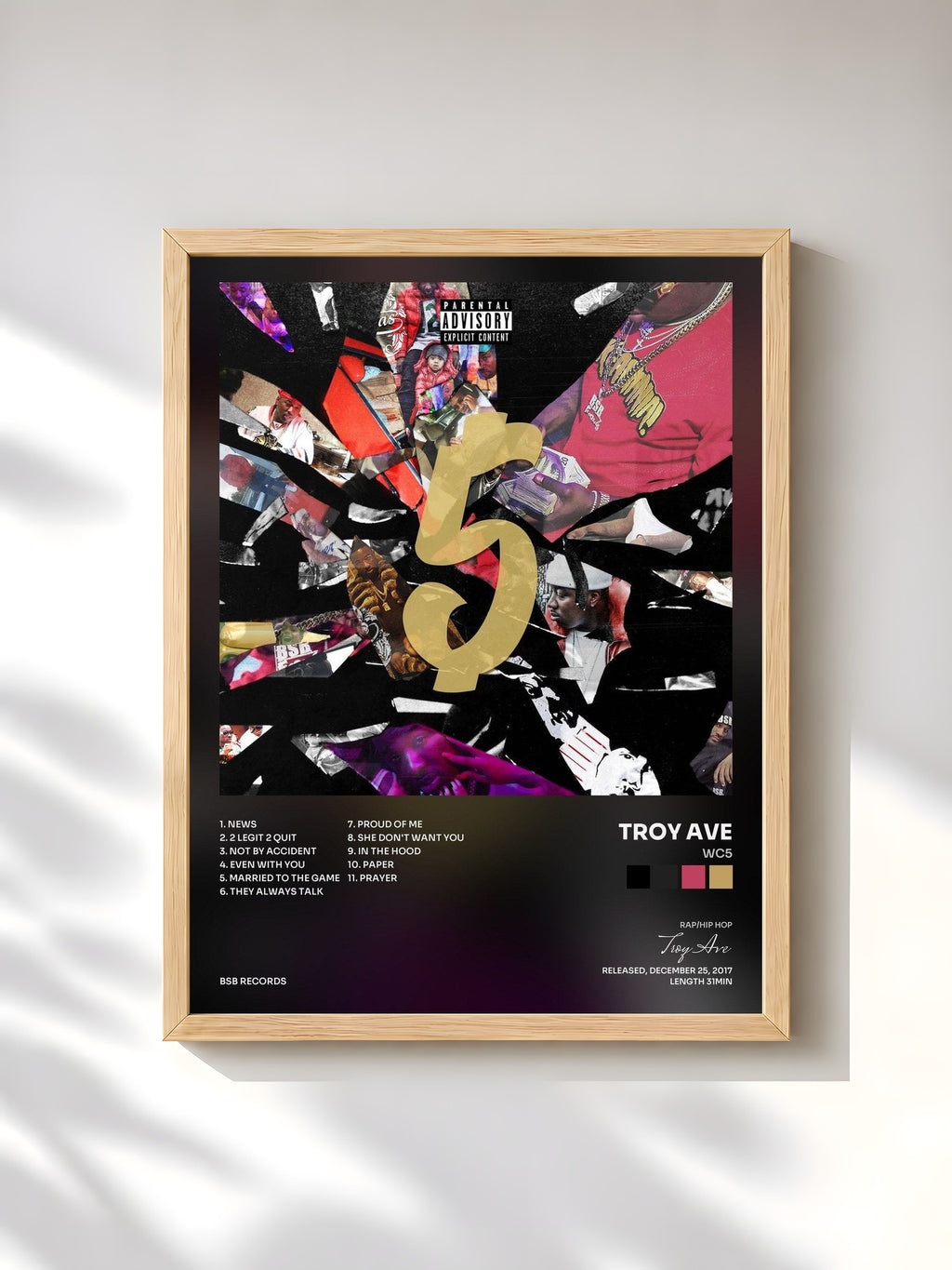 #bois Tableau de l'album WC5 de Troy Ave, cadre en bois brut, imprimé et encadré en France