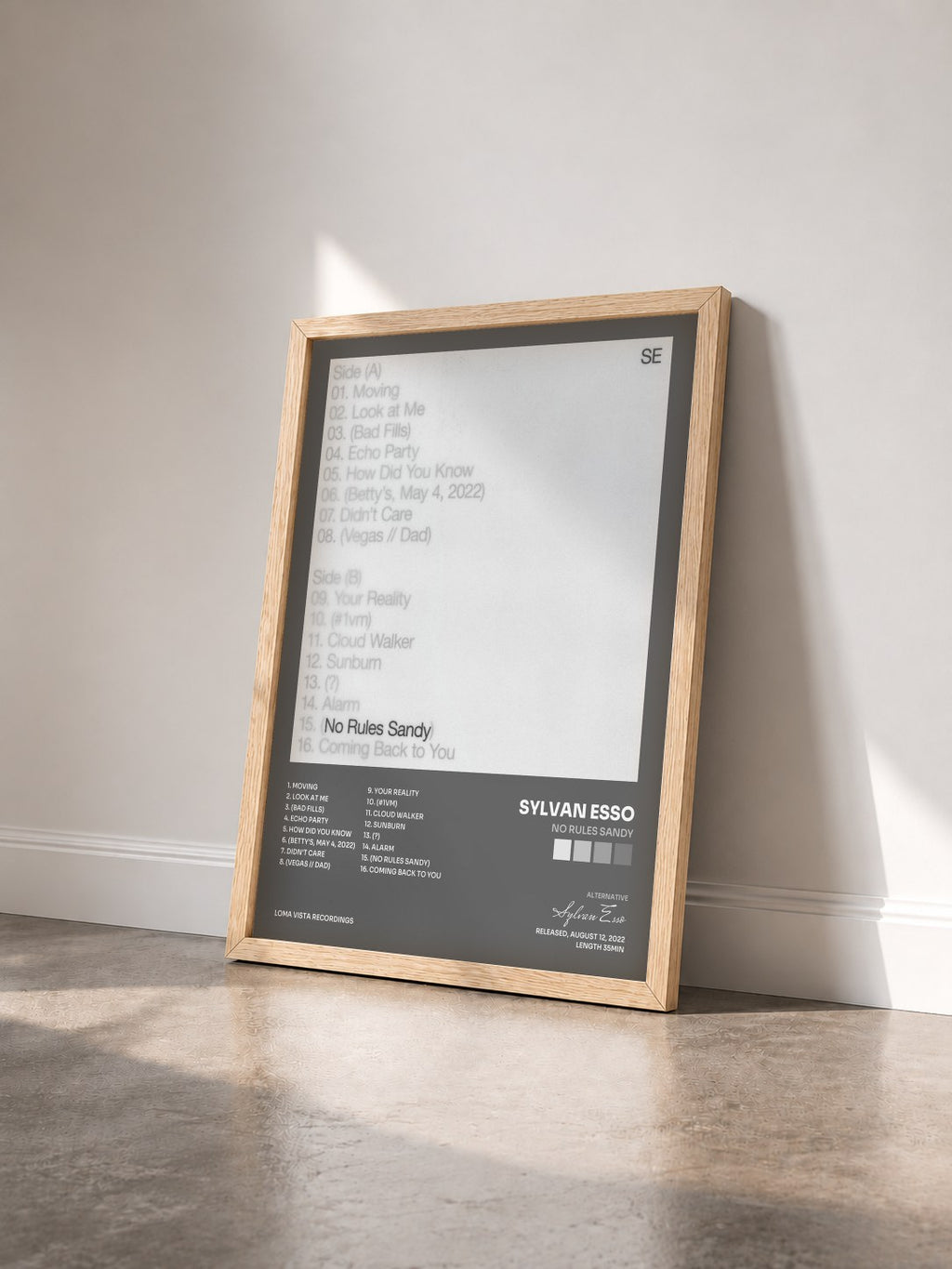 #bois Tableau de l'album No Rules Sandy de Sylvan Esso vu de trois quarts, cadre en bois brut