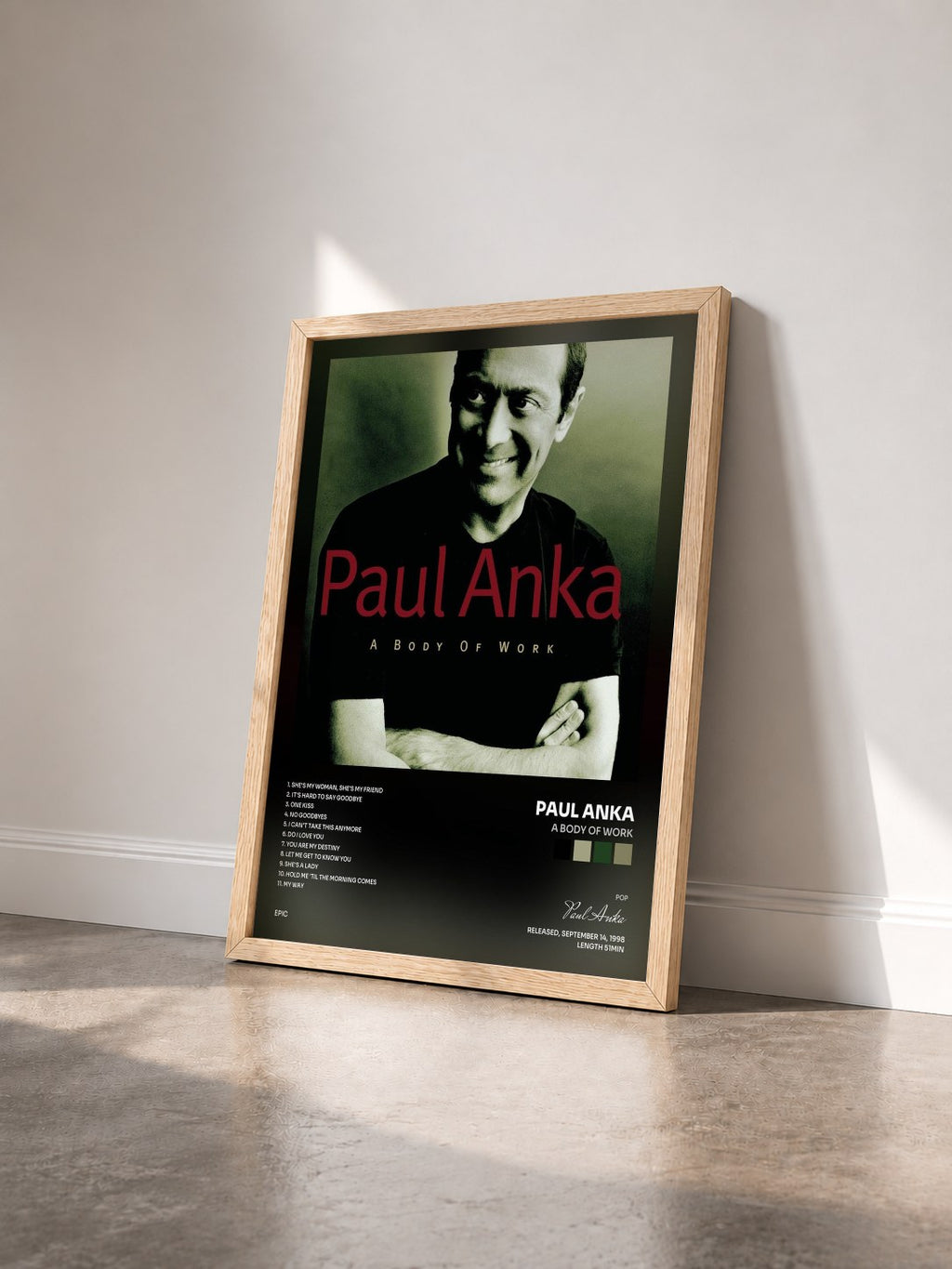 #bois Tableau de l'album A Body Of Work de Paul Anka vu de trois quarts, cadre en bois brut