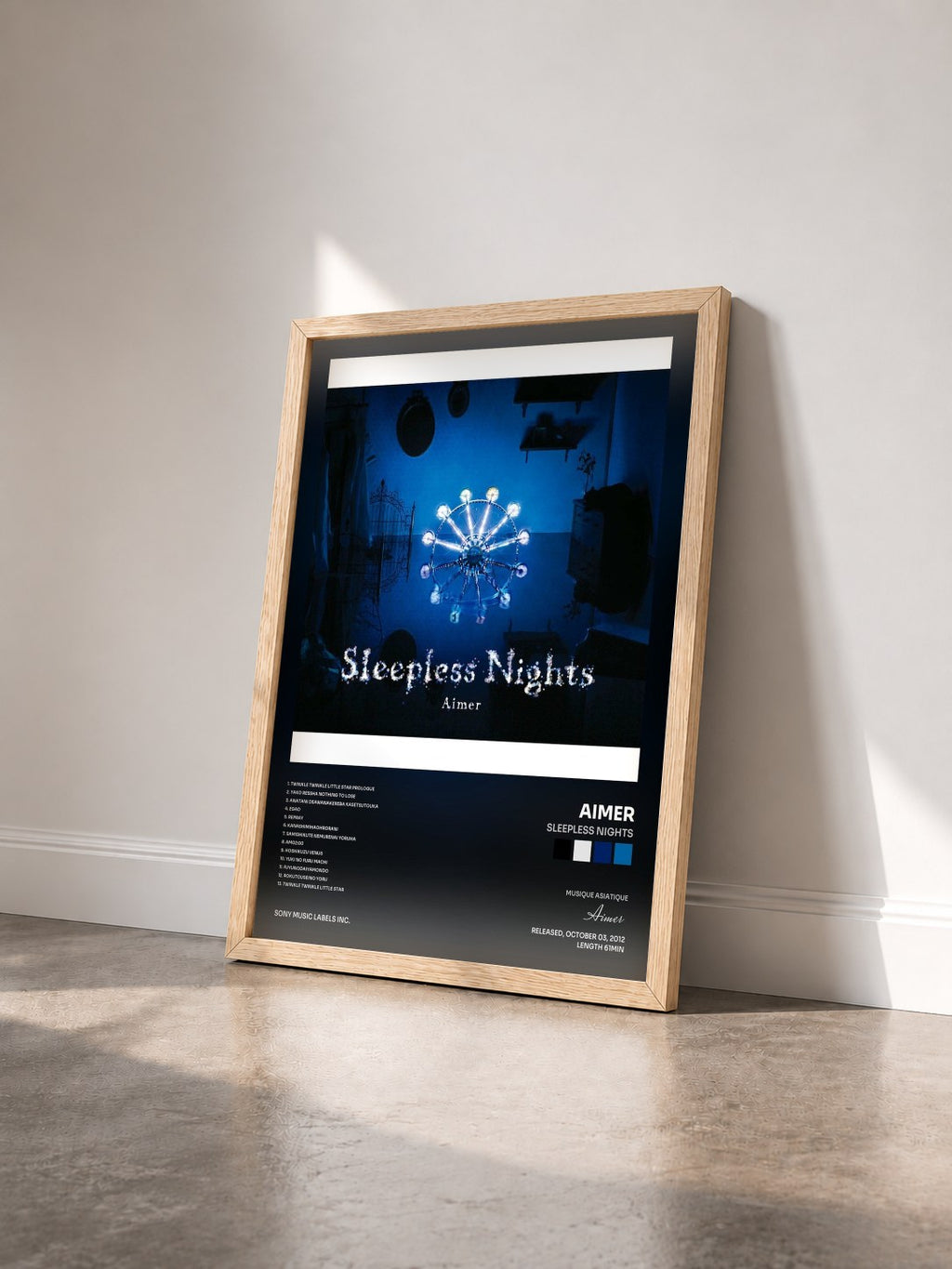 #bois Tableau de l'album Sleepless Nights de Aimer vu de trois quarts, cadre en bois brut